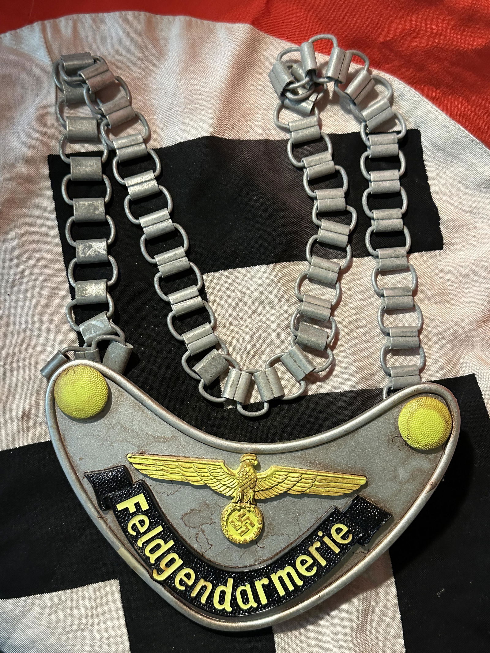 WW2 GERMAN LUFTWAFFE FELDJAGERKORPS GORGET: WW2 GERMAN LUFTWAFFE FELDJAGERKORPS GORGET. A RARE FIND. IT IS IN MINT OVERALL SHAPE AND CONDITION WITH A BEAUTIFUL OVERALL PATINA. SHOWS GOOD WEAR AND USE. PLEASE VIEW ALL DETAILED PICTURES. A WELL M
