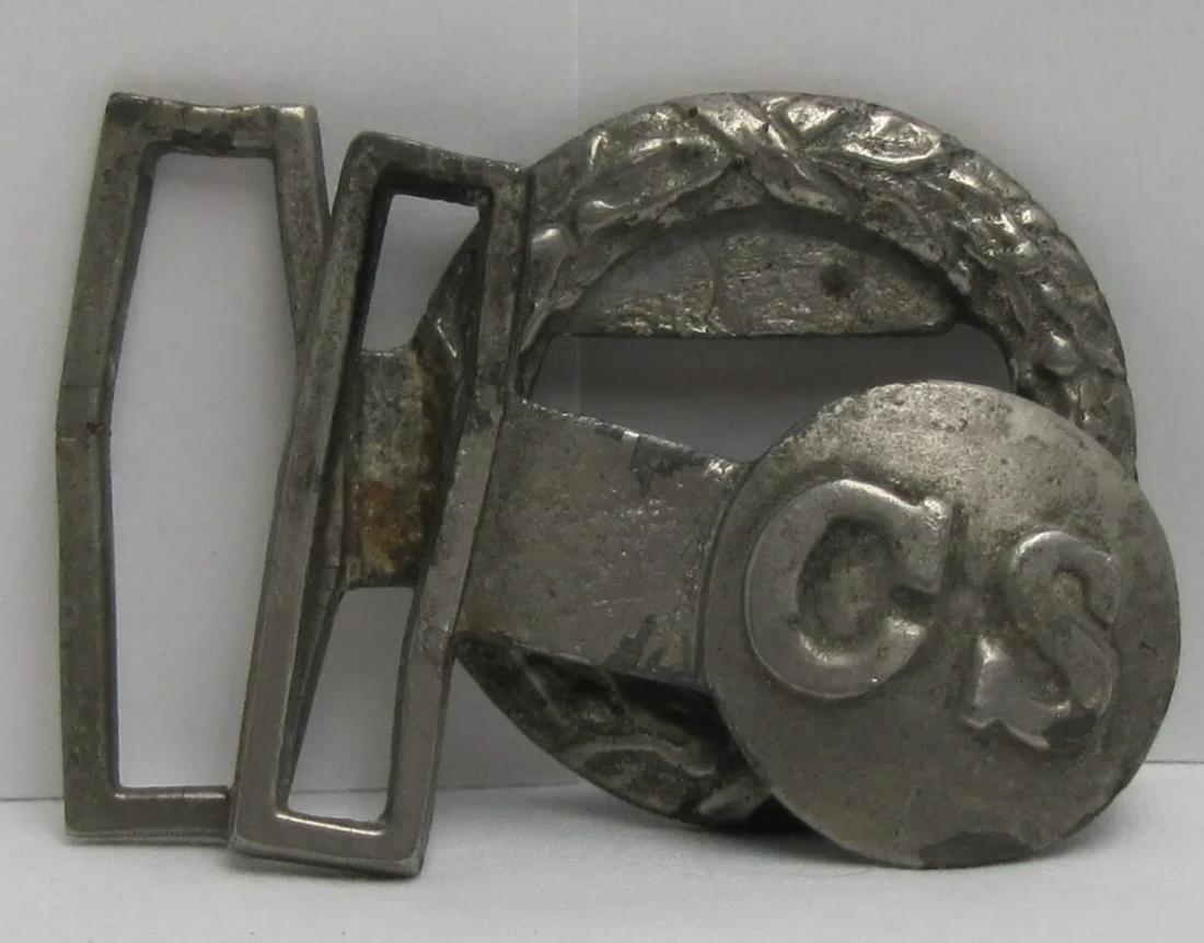 ULTRA RARE CIVIL WAR CONFEDERATE C.S. 2-PIECE BELT BUCKLE: ULTRA RARE CIVIL WAR CONFEDERATE C.S. 2-PIECE BELT BUCKLE. A VERY RARE FIND. IT IS IN MINT OVERALL SHAPE AND CONDITION WITH A BEAUTIFUL OVERALL PATINA. THIS APPEARS TO BE HAND-MADE AND PERIOD. SHOWS G