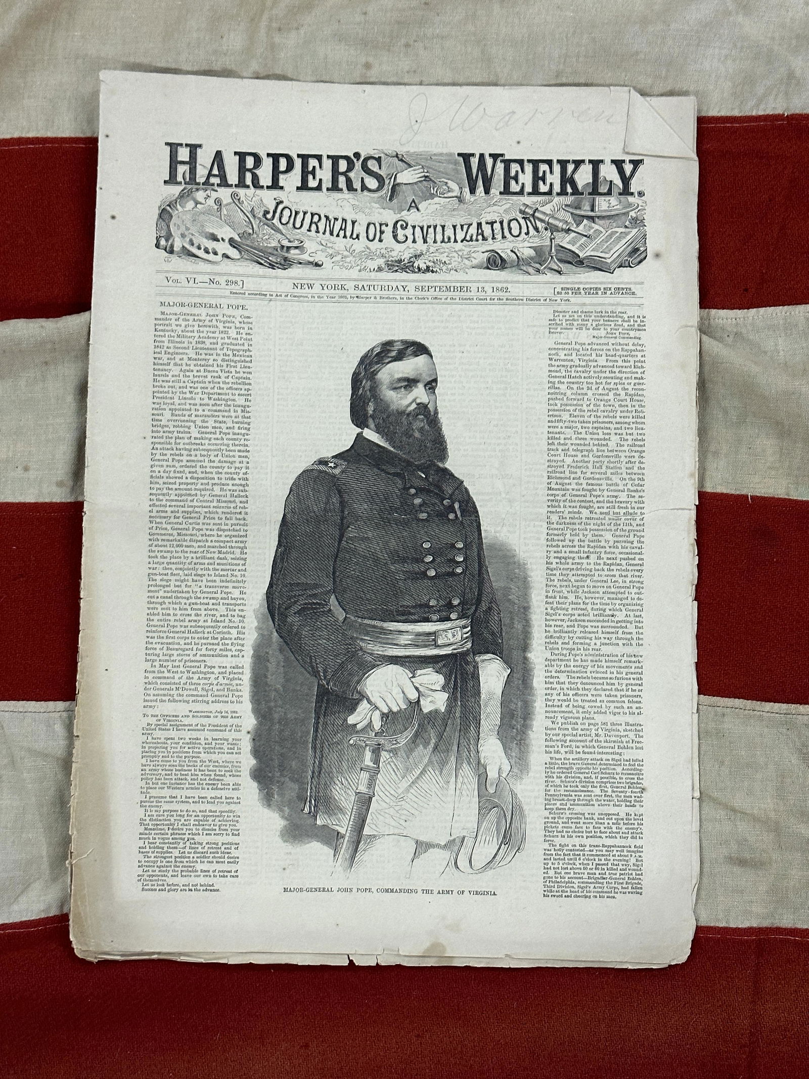 HARPER'S WEEKLY CIVIL WAR NEWSPAPER WITH MAJ. GEN. JOHN POPE: HARPER'S WEEKLY CIVIL WAR NEWSPAPER WITH MAJ. GEN. JOHN POPE