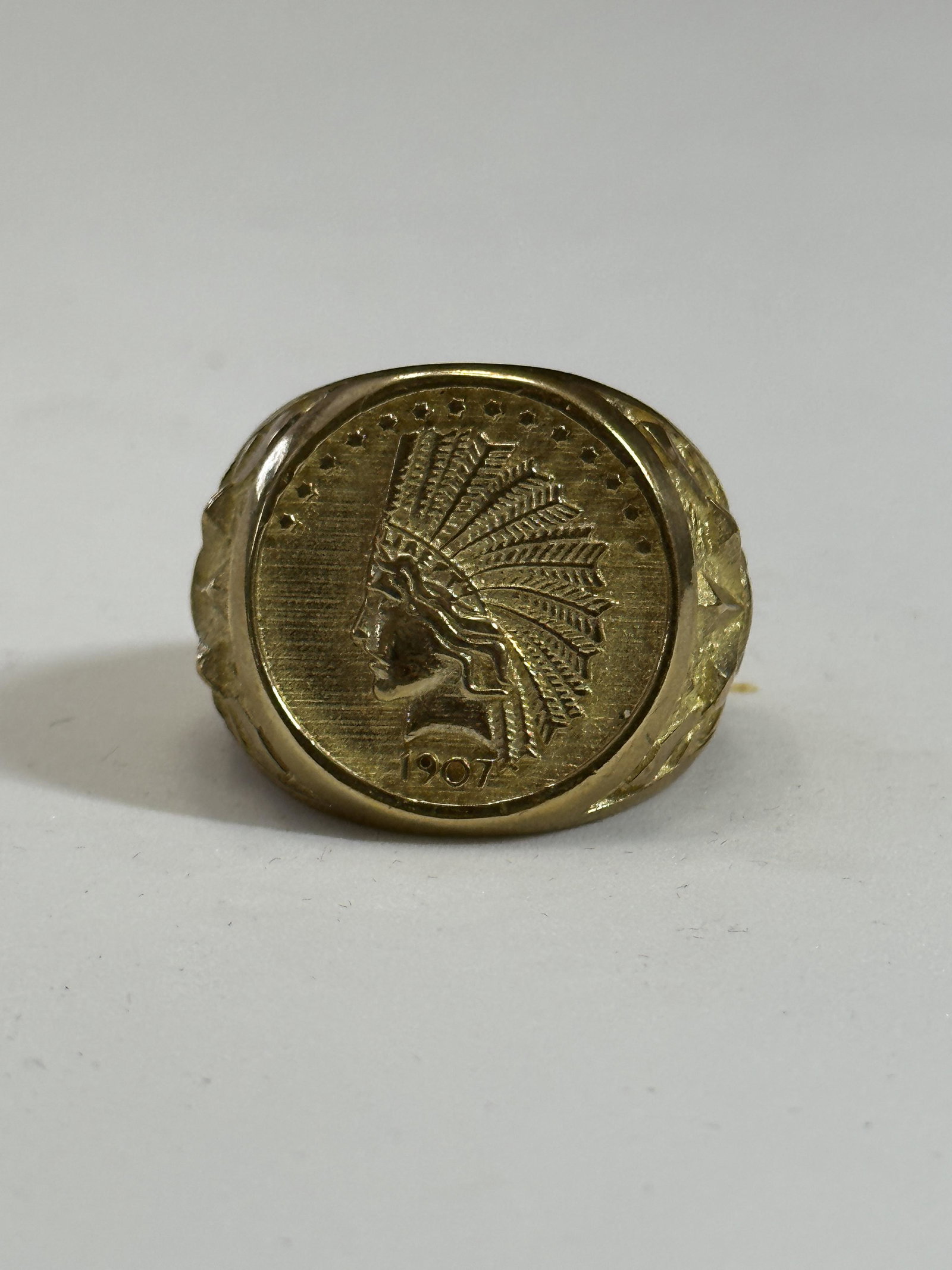 1907 INDIAN HEAD GOLD COIN MOTIF MARKED 18K GOLD RING SZ 8 (1 of 4)