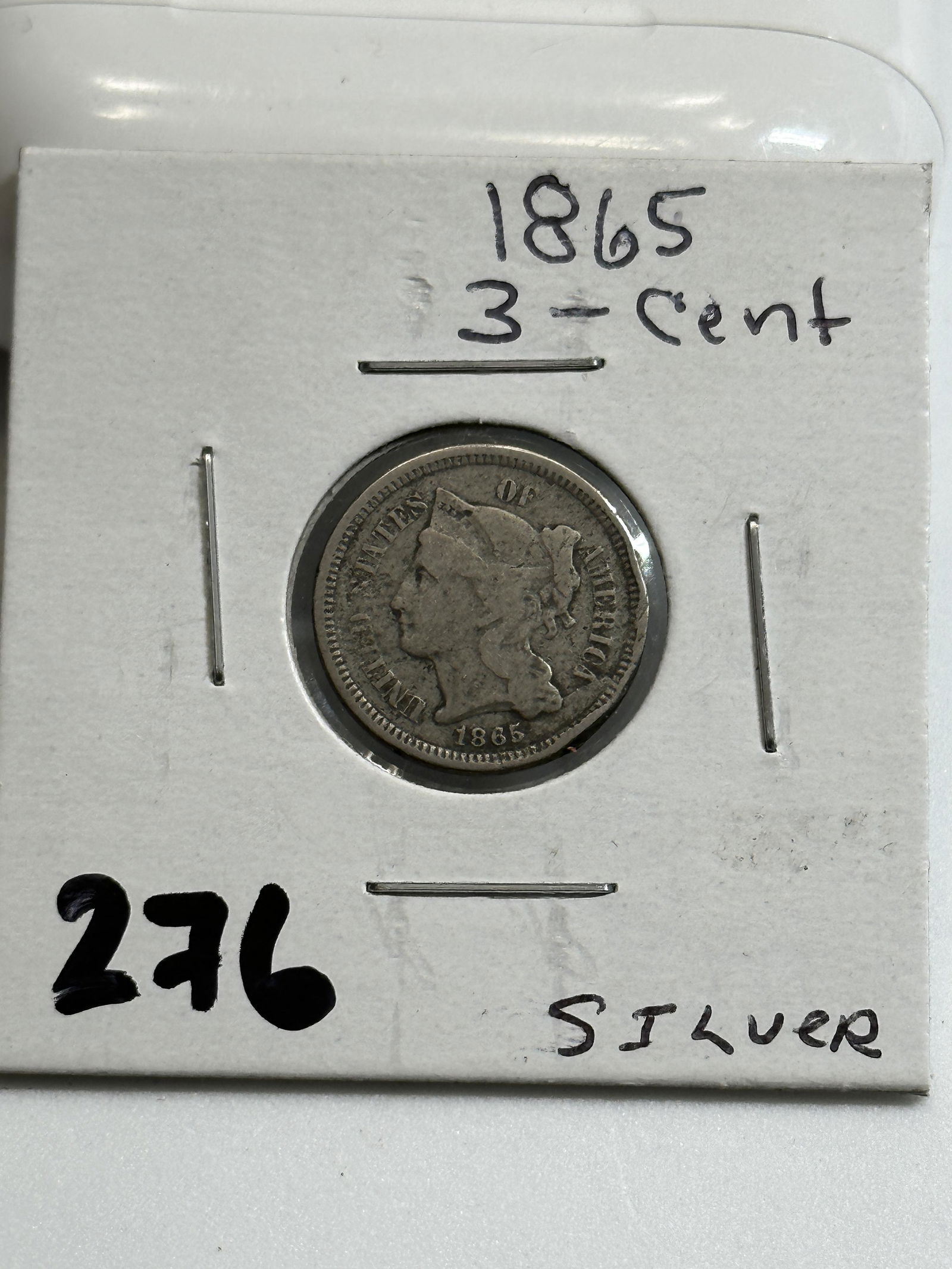 DATED 1865 3 CENT SILVER COIN (1 of 3)
