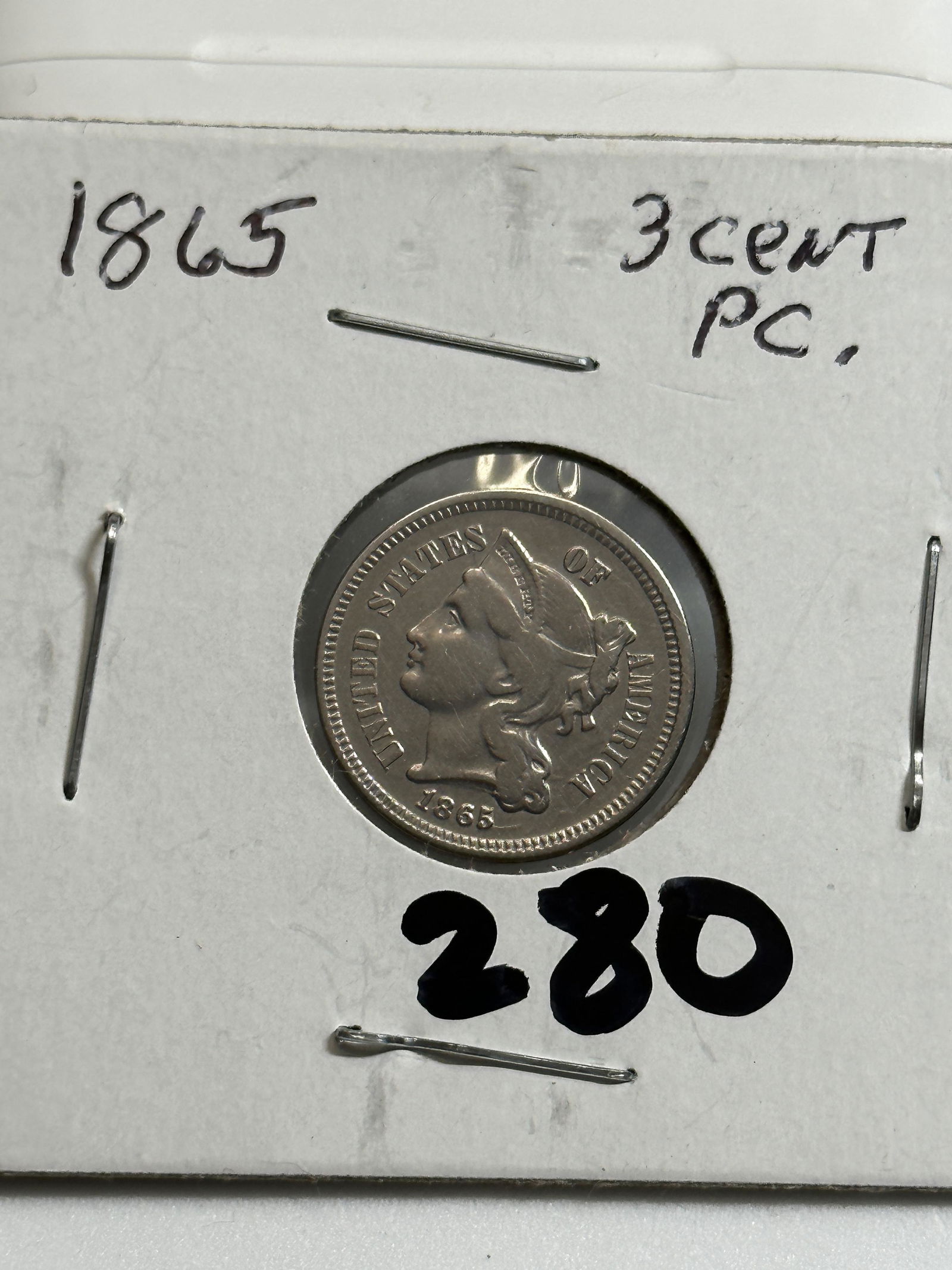 DATED 1865 3 CENT SILVER COIN (1 of 3)