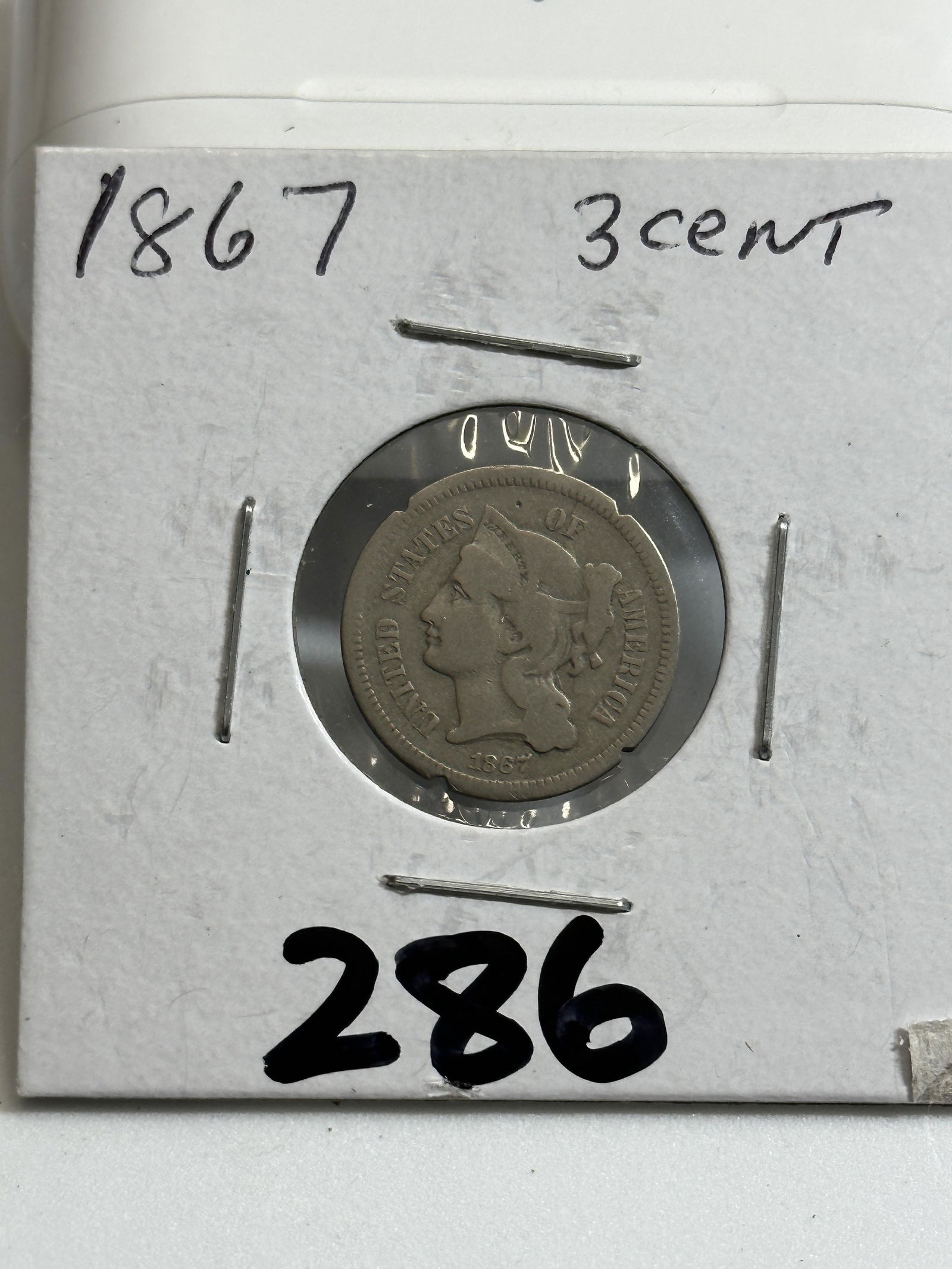 DATED 1867 3 CENT SILVER COIN (1 of 3)