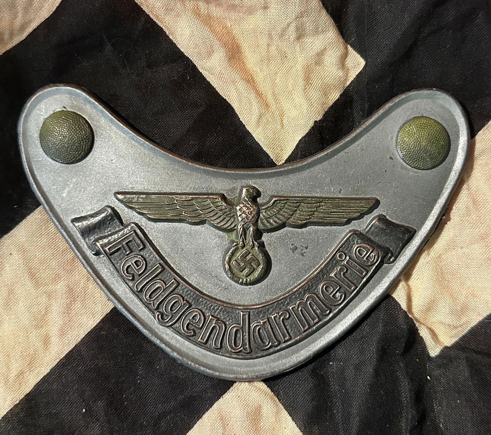 WW2 GERMAN FELDGENDARMERIE GORGET 3RD REICH: WW2 GERMAN FELDGENDARMERIE GORGET 3RD REICH. A RARE FIND. IT IS IN MINT OVERALL SHAPE AND CONDITION WITH A BEAUTIFUL OVERALL PATINA. PLEASE VIEW ALL DETAILED PICTURES. A WELL MADE ANTIQUE GERMAN ARTIF
