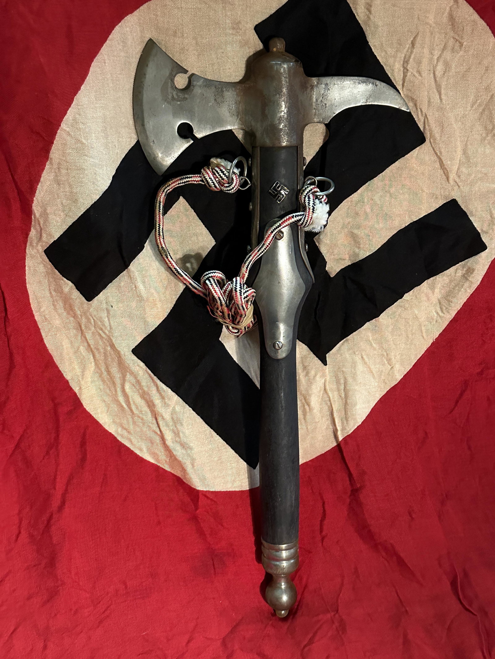 ULTRA RARE WW2 GERMAN FIREMAN'S CEREMONIAL AXE - WELL DECORATED: ULTRA RARE WW2 GERMAN FIREMAN'S CEREMONIAL AXE - WELL DECORATED. A RARE FIND. IT IS IN MINT OVERALL SHAPE AND CONDITION WITH A BEAUTIFUL OVERALL PATINA. SHOWS GOOD WEAR AND USE. PLEASE VIEW ALL DETAIL