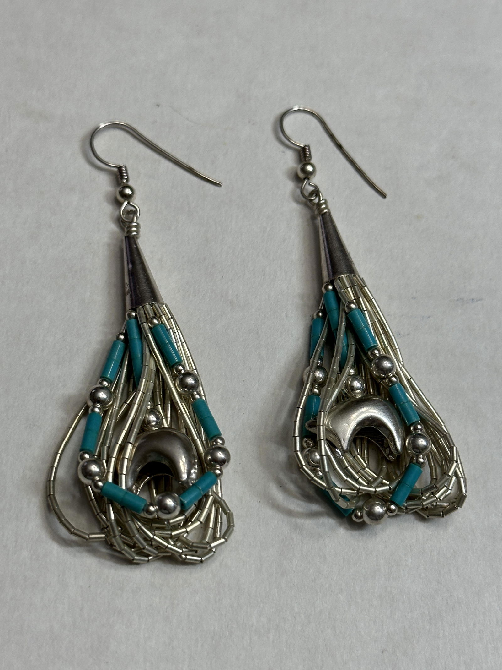 STERLING SILVER TURQUOISE INLAID COCKTAIL DANGLE EARRINGS 3" DROP (1 of 4)