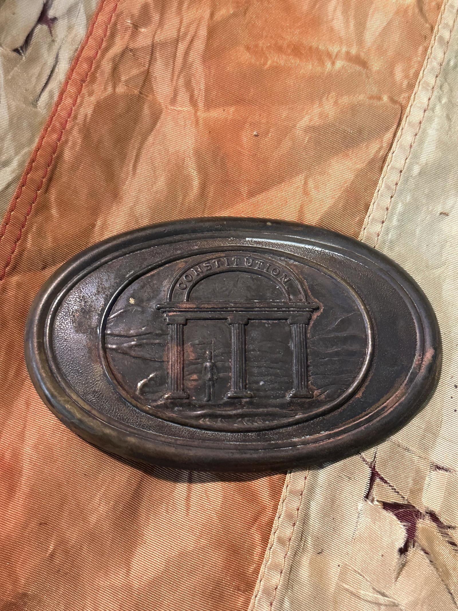 RARE CIVIL WAR CONFEDERATE GEORGIA GA BELT BUCKLE: RARE CIVIL WAR CONFEDERATE GEORGIA GA BELT BUCKLE. A RARE FIND. IT IS IN MINT OVERALL SHAPE AND CONDITION WITH A BEAUTIFUL OVERALL PATINA. SHOWS GOOD WEAR AND USE WITH A BEAUTIFUL OVERALL PATINA. A GR
