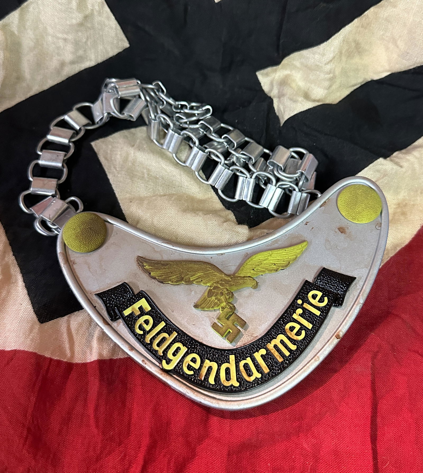 WW2 GERMAN FELDGENDARMERIE LUFTWAFFE GORGET: WW2 GERMAN FELDGENDARMERIE LUFTWAFFE GORGET. A RARE FIND. IT IS IN MINT OVERALL SHAPE AND CONDITION WITH A BEAUTIFUL OVERALL PATINA. SHOWS GOOD WEAR AND USE. PLEASE VIEW ALL DETAILED PICTURES. A WELL