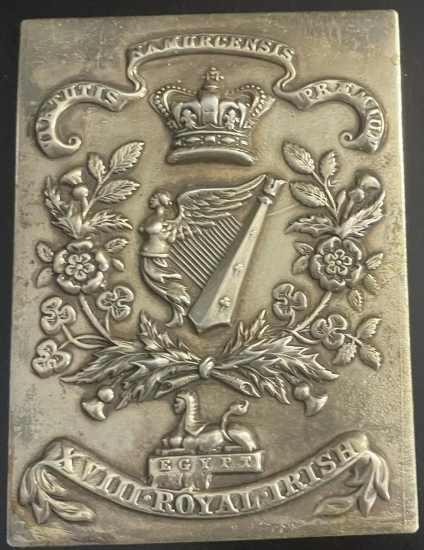 RARE REVOLUTIONARY WAR 18TH ROYAL IRISH REGT. SHOULDER BELT PLATE: RARE REVOLUTIONARY WAR 18TH ROYAL IRISH REGT. SHOULDER BELT PLATE. A VERY RARE FIND. IT IS IN MINT OVERALL SHAPE AND CONDIITON WITH A BEAUTIFUL OVERALL PATINA. SHOWS GOOD WEAR AND USE. PLEASE VIEW ALL
