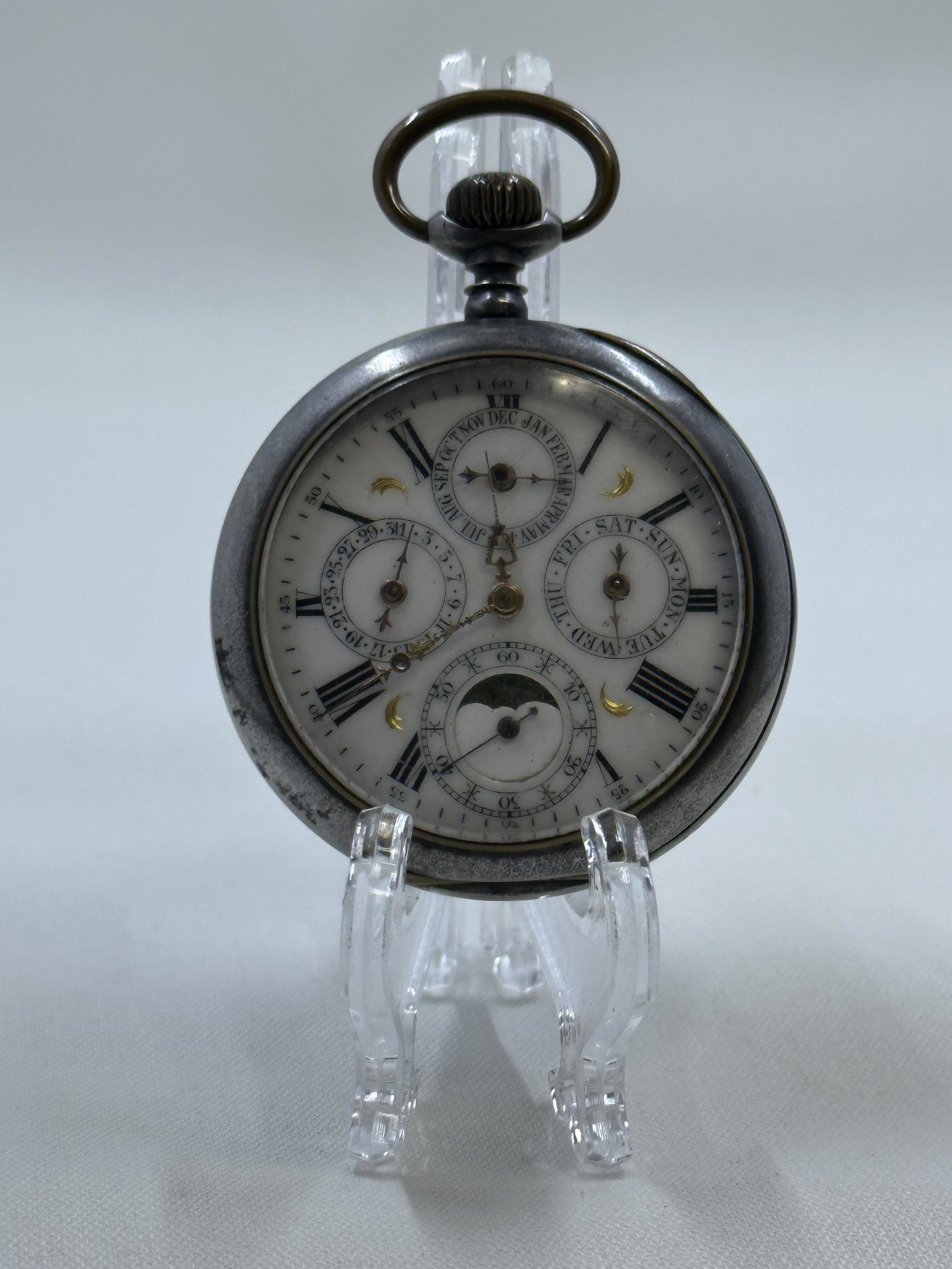 RARE 51MM MOONPHASE 4 REGISTER MENS SILVER POCKET WATCH (1 of 6)