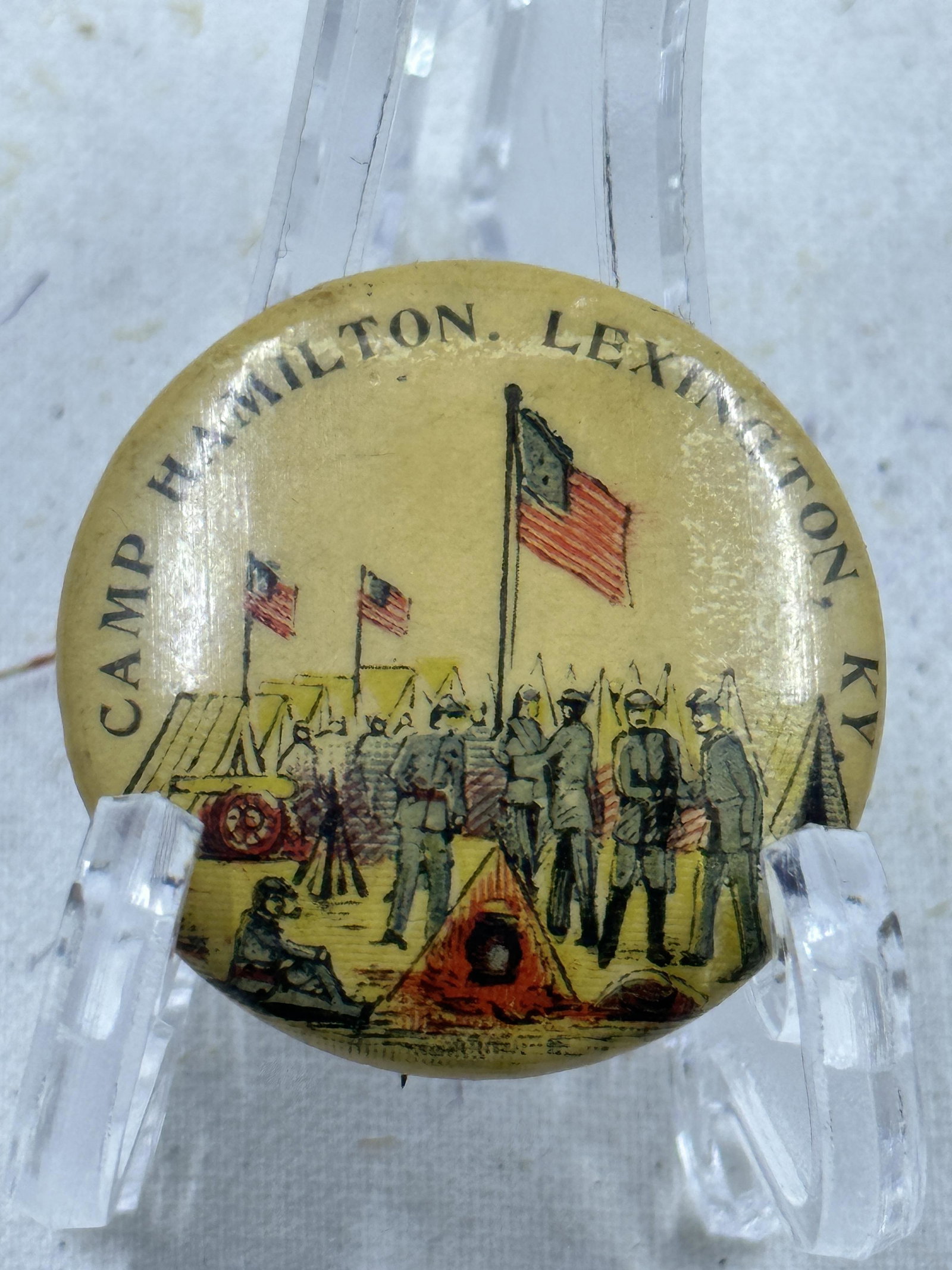 CIVIL WAR VETERANS CAMP HAMILTON LEXINGTON, KY PIN BADGE: CIVIL WAR VETERANS CAMP HAMILTON LEXINGTON, KY PIN BADGE. A RARE FIND. IT IS IN MINT OVERALL SHAPE AND CONDITION WITH A BEAUTIFUL OVERALL PATINA. A GREAT FIND AND AN EXCELLENT ADDITION TO YOUR COLLECT