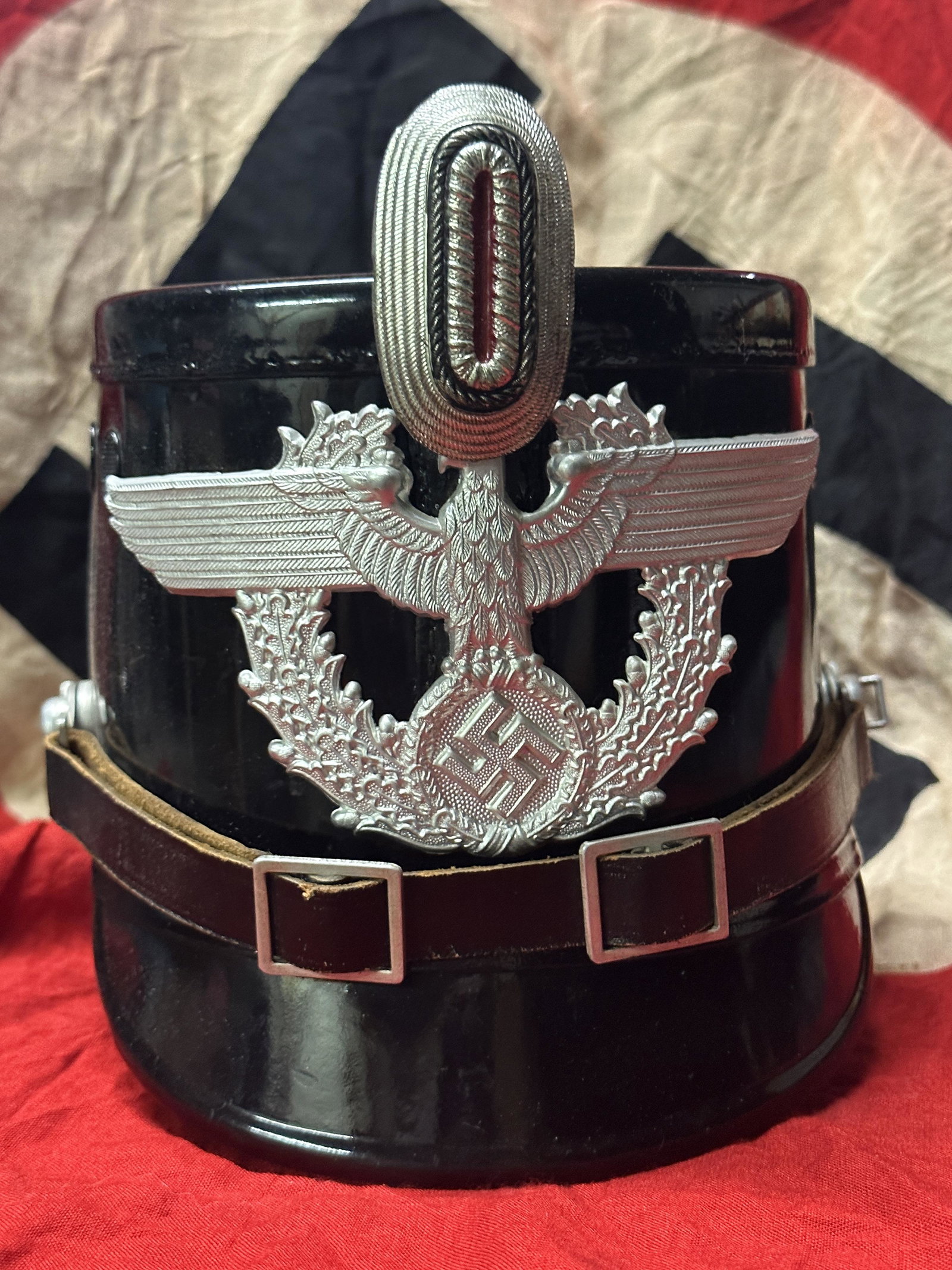 VERY RARE WWII GERMAN REICH POLICE SHAKO: VERY RARE WWII GERMAN REICH POLICE SHAKO. A MINT POLICE SHAKO HAT THAT IS IN MINT OVERALL SHAPE AND CONDITION WITH A BEAUTIFUL OVERALL PATINA. PLEASE VIEW ALL DETAILED PICTURES. A WELL MADE ANTIQUE GE