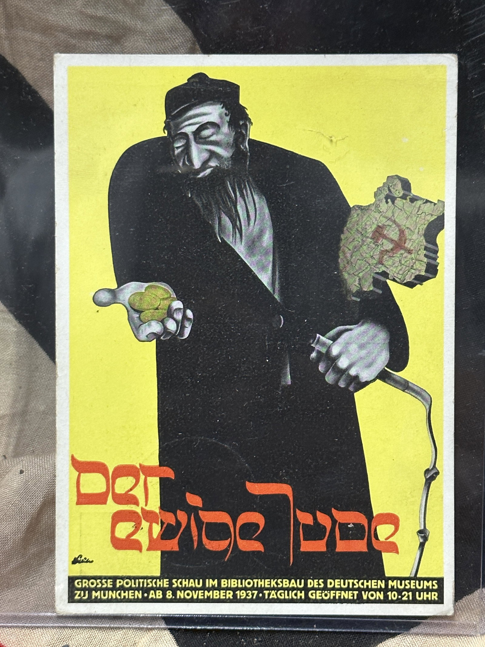 RARE WW2 GERMAN POSTER FOR DER EWIGE JUDE (THE ETERNAL JEW): RARE WW2 GERMAN POSTER FOR DER EWIGE JUDE (THE ETERNAL JEW). A POSTER FROM THE NAZI EXHIBITION OF DEGENERATE ART HELD IN MUNICH IN 1937. WAS BROUGHT BACK HOME BY A VET. A VERY RARE FIND. PLEASE VIEW A