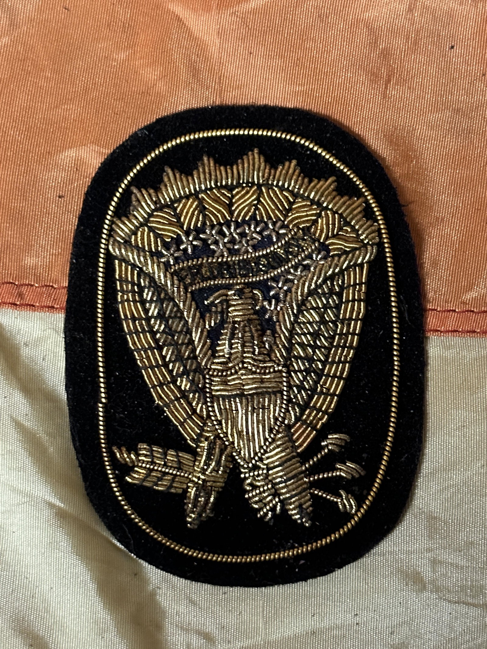 RARE CIVIL WAR JEFF DAVIS HARDEE HAT BULLION SIDE BADGE INSIGNIA BY W. STOKES KIRK: RARE CIVIL WAR JEFF DAVIS HARDEE HAT BULLION SIDE BADGE INSIGNIA BY W. STOKES KIRK. A RARE FIND. HAS THE ORIGINAL MAKER MARK TAG ON THE REVERSE. SHOWS GOOD WEAR AND USE WITH A BEAUTIFUL PATINA THROUGH