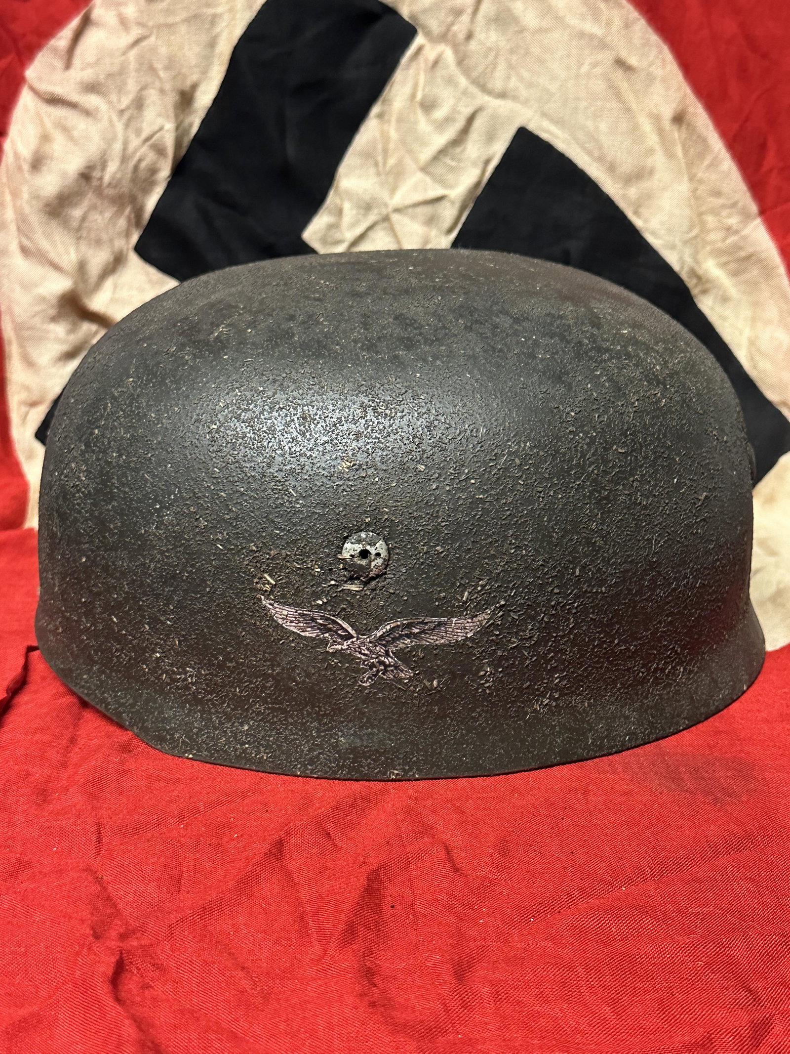 RARE WW2 GERMAN M38 DOUBLE DECAL FALLSCHIRMJAGER LUFTAFFE HELMET - MAKER MARKED: RARE WW2 GERMAN M38 DOUBLE DECAL FALLSCHIRMJAGER LUFTAFFE HELMET - MAKER MARKED. ARGUABLY THIS HELMET WAS THE MOST RECOGNIZABLE PART OF THE INDIVIDUAL GERMAN SOLDIERS APPEARANCE. WITH A DESIGN THAT DE
