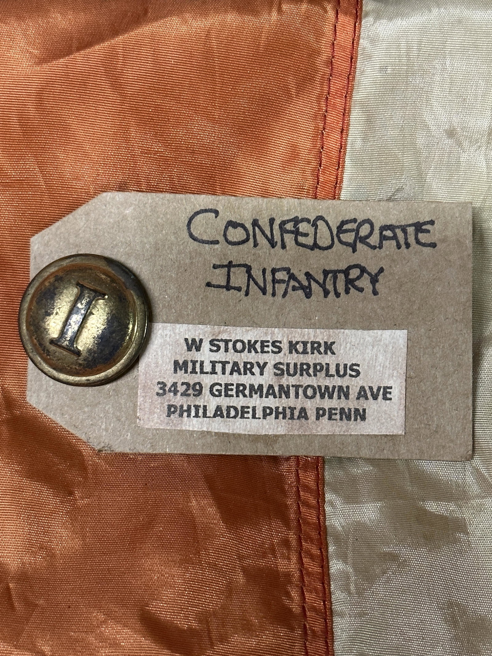 SCARCE CIVIL WAR CONFEDERATE INFANTY COAT BUTTON BY W. STOKES KIRK: SCARCE CIVIL WAR CONFEDERATE INFANTY COAT BUTTON BY W. STOKES KIRK. STILL HAS THE ORIGINAL MAKER TAG ON IT. SHOWS GOOD WEAR AND USE. PLEASE VIEW ALL DETAILED PICTURES. A GREAT FIND AND AN EXCEPTIONAL 