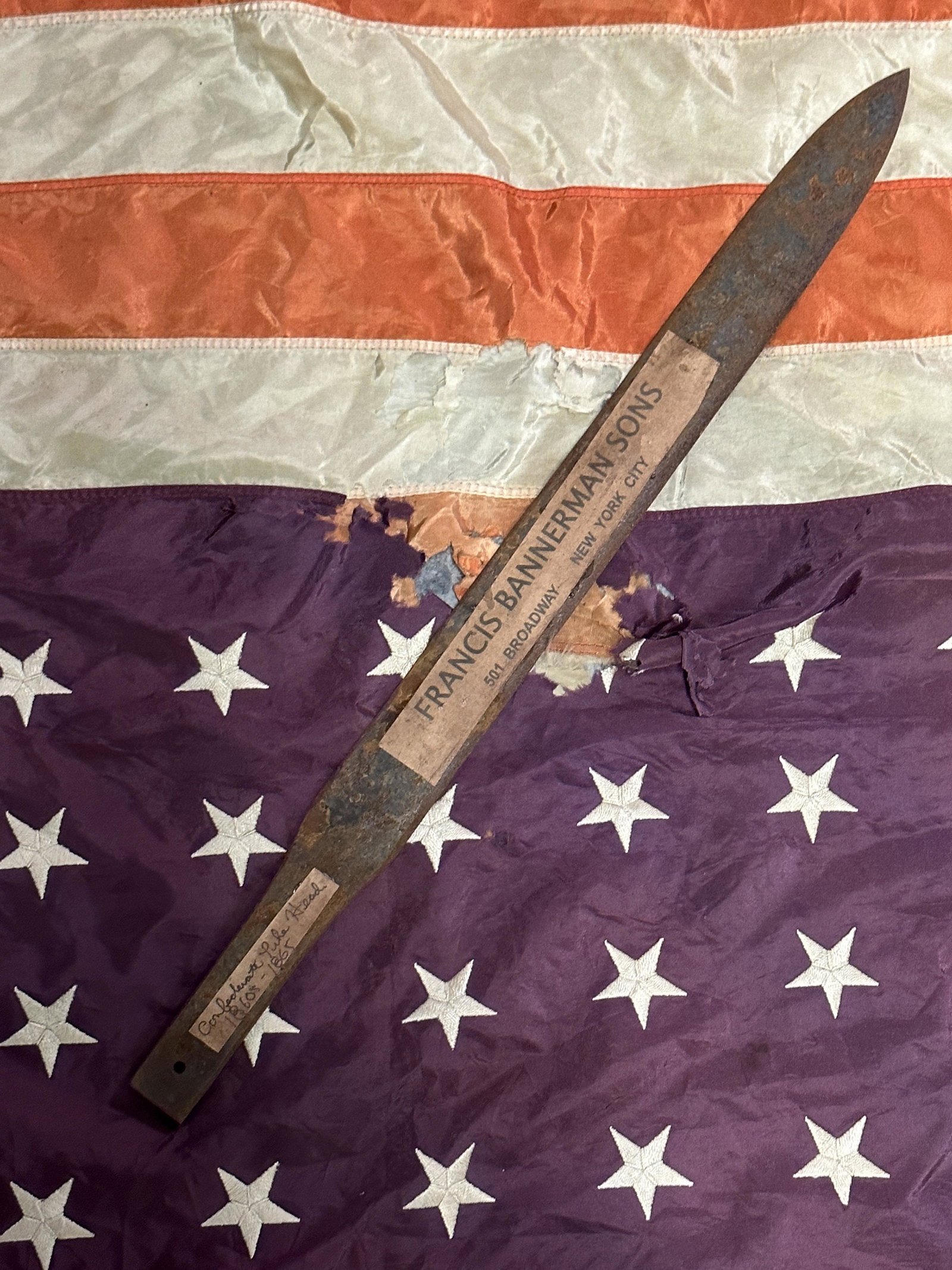 RARE CIVIL WAR CONFEDERATE PIKE HEAD BY BANNERMAN'S: RARE CIVIL WAR CONFEDERATE PIKE HEAD BY BANNERMAN'S. A RARE FIND. IT IS IN MINT OVERALL SHAPE AND CONDITION WITH A BEAUTIFUL OVERALL PATINA. SHOWS GOOD WEAR AND USE. A GREAT FIND AND AN EXCELLENT ADDI