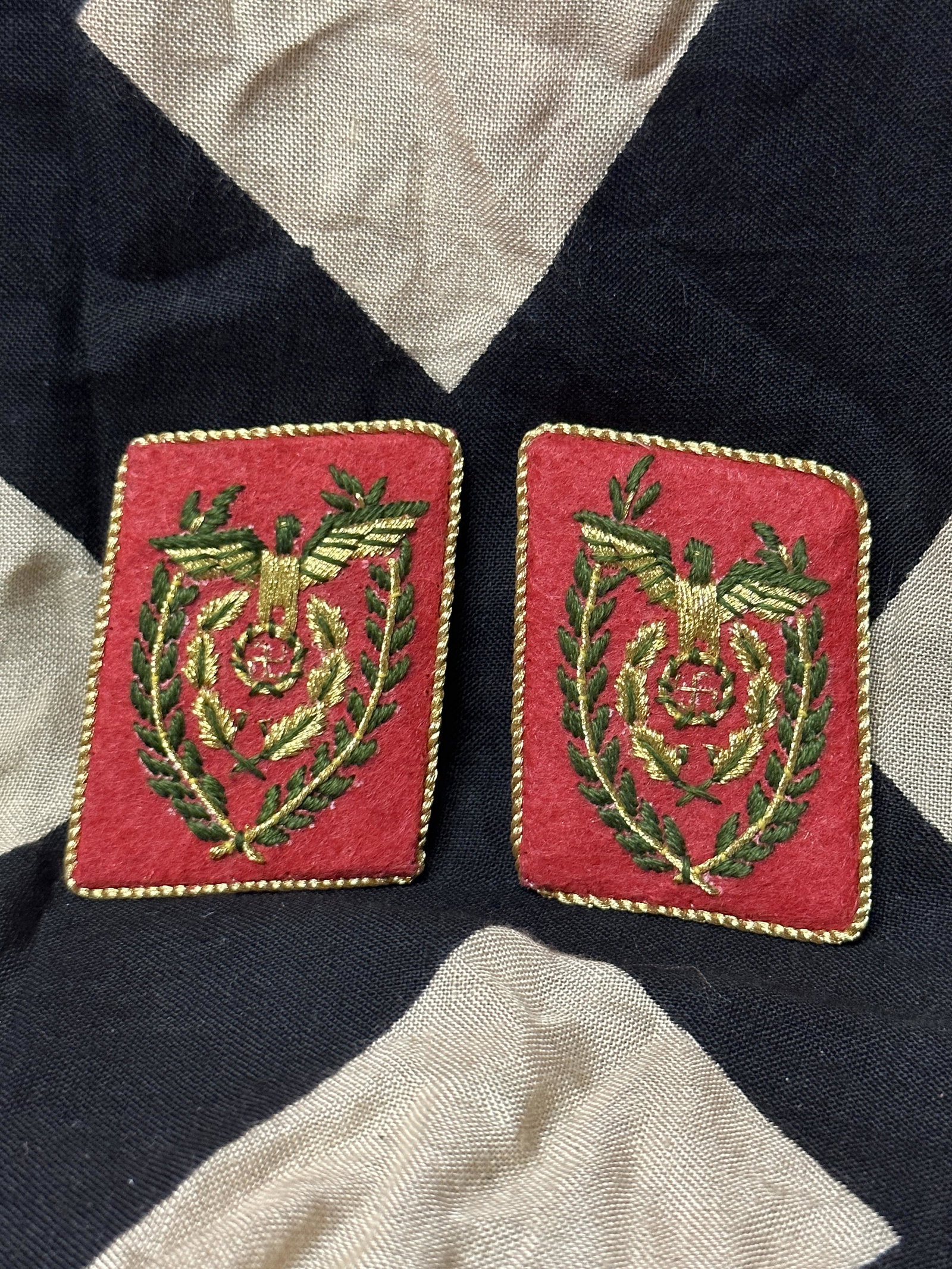 RARE WW2 GERMAN NSDAP PARTY HIGH RANK LEADER COLLAR TABS WITH RZM PAPER TAGS: RARE WW2 GERMAN NSDAP PARTY HIGH RANK LEADER COLLAR TABS WITH RZM PAPER TAGS. AN ULTRA RARE FIND THAT IS IN MINT OVERALL SHAPE AND CONDITION WITH A BEAUTIFUL OVERALL PATINA. SHOWS GOOD WEAR AND USE. P