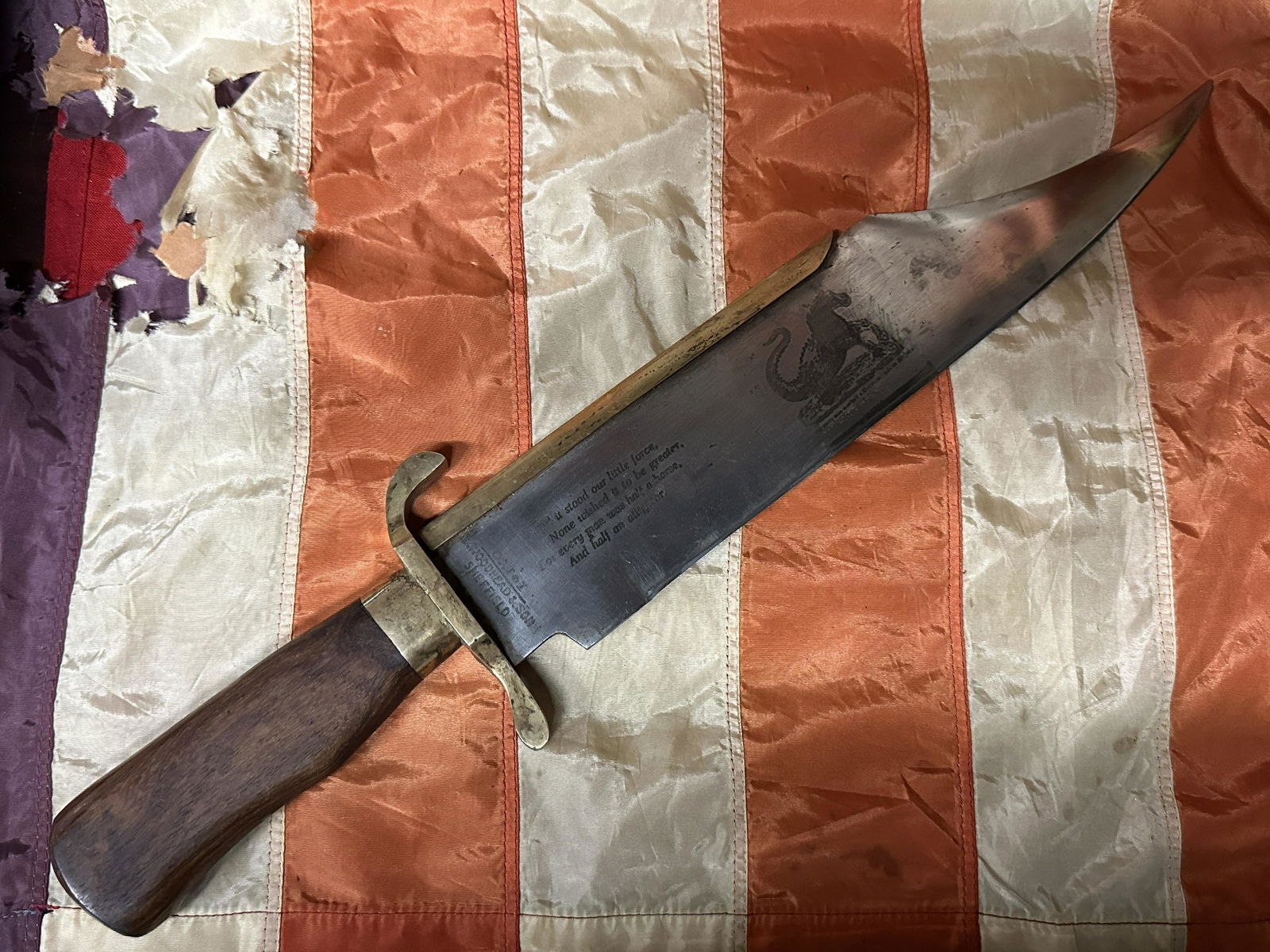 SHEFFIELD CIVIL WAR CONFEDERATE REBEL CLIP POINT BOWIE KNIFE: SHEFFIELD CIVIL WAR CONFEDERATE REBEL CLIP POINT BOWIE KNIFE. BEAUTIFULLY ENGRAVED BLADE WITH MAKER MARKS. ENGRAVED BLADE "AND IT STOOD OUR LITTLE FORCE. NONE WISHED IT TO BE GREATER, FOR EVERY MAN WA