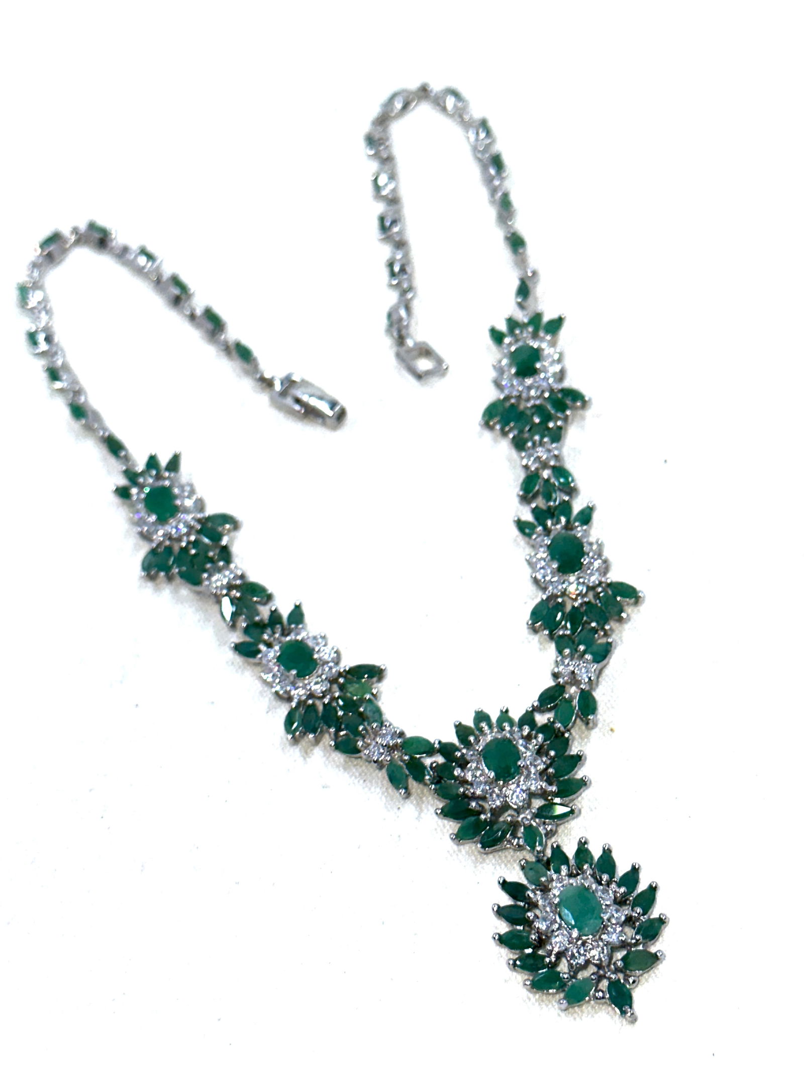 ESTATE STERLING SILVER 17 CT NATURAL EMERALDS COCKTAIL NECKLACE 43.96 GRAMS (1 of 9)