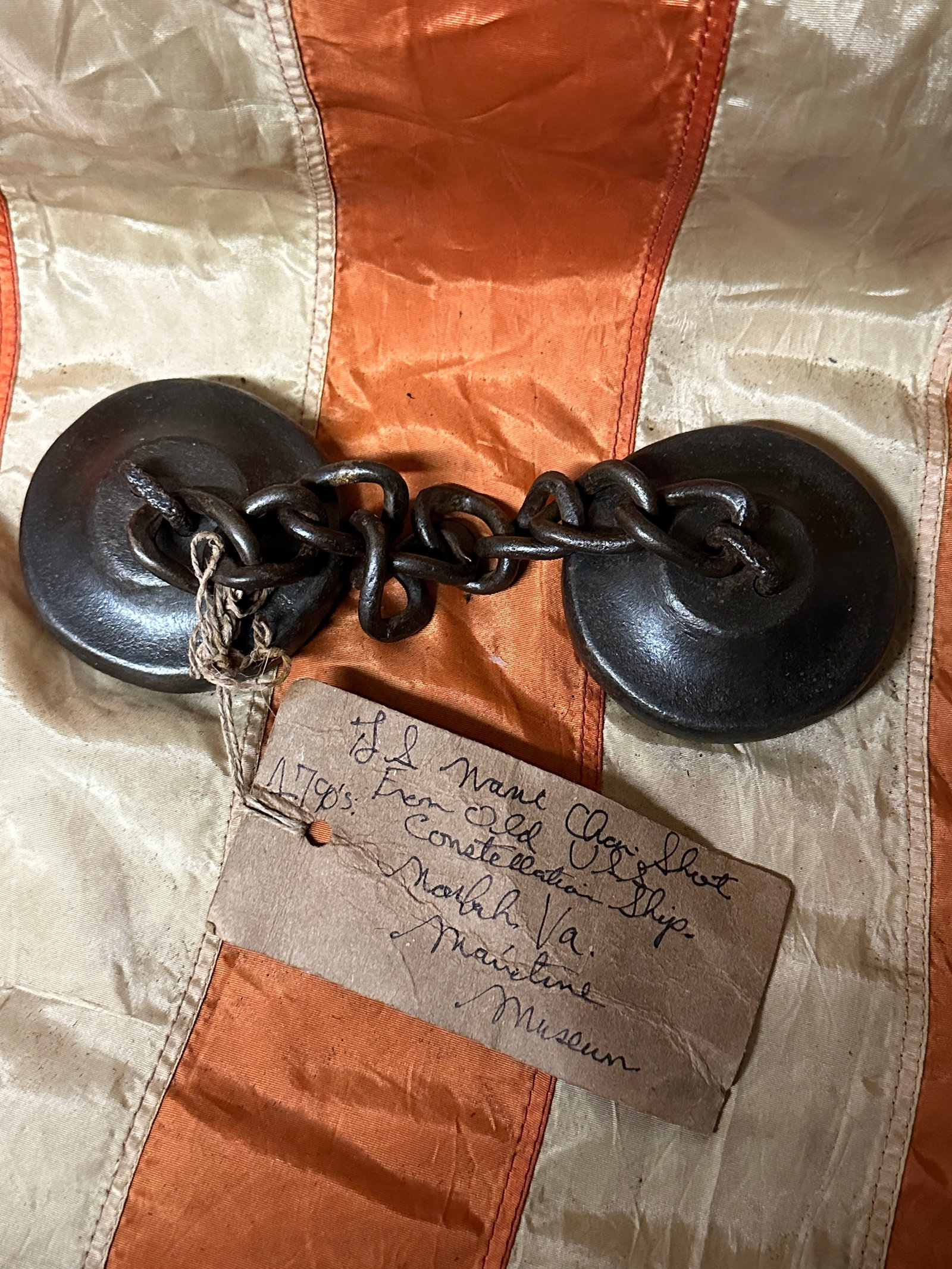 RARE 1790'S CHAIN SHOT FROM OLD USS CONSTTELLATION SHIP FROM VIRGINIA: RARE 1790'S CHAIN SHOT FROM OLD USS CONSTTELLATION SHIP FROM VIRGINIA. AN ULTRA RARE FIND THAT WAS RECENTLY FOUND AT AN ESTATE AUCTION. SHOWS GOOD WEAR AND USE. WAS DISPLAYED WITH THE TAG THAT IS ATTA