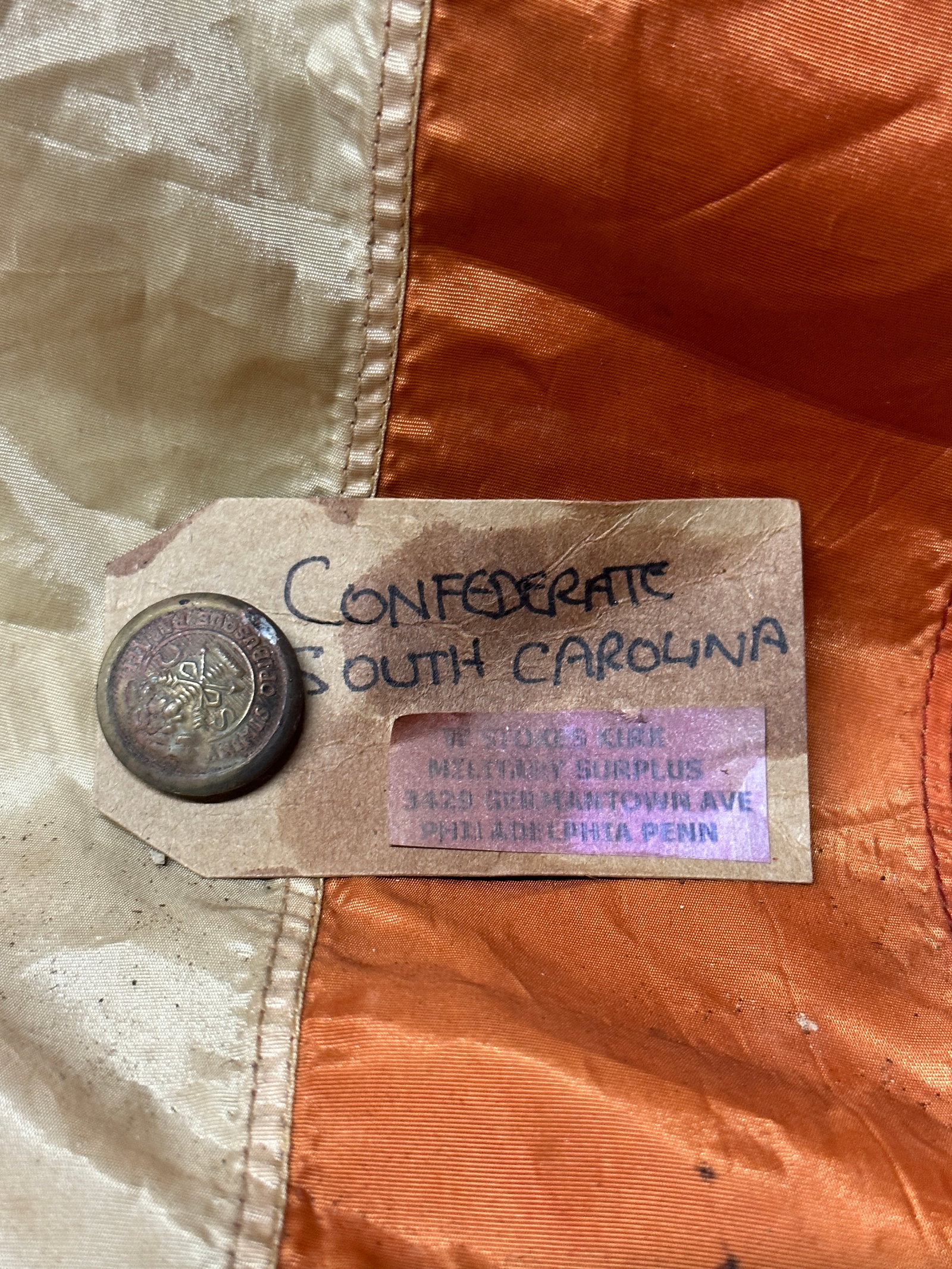 CIVIL WAR CONFEDERATE SOUTH CAROLINA BUTTON BY W. STOKES KIRK: CIVIL WAR CONFEDERATE SOUTH CAROLINA BUTTON BY W. STOKES KIRK. STILL HAS THE ORIGINAL MAKER MARK TAG ON IT. SHOWS GOOD WEAR AND USE. A GREAT FIND AND AN EXCELLENT ADDITION TO YOUR COLLECTION. A RARE F