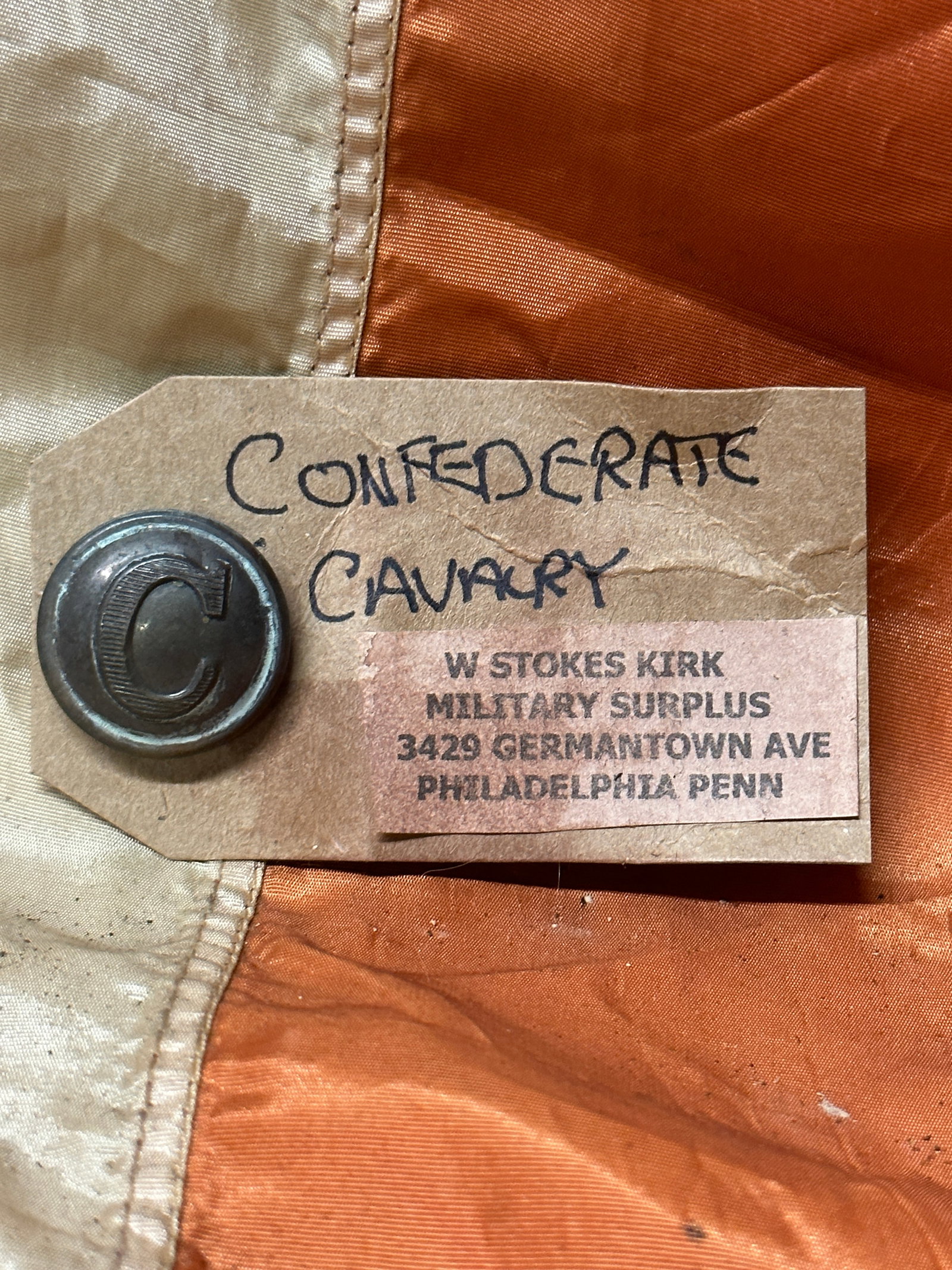 CIVIL WAR CONFEDERATE CAVALRY BUTTON BY W. STOKES KIRK: CIVIL WAR CONFEDERATE CAVALRY BUTTON BY W. STOKES KIRK. STILL HAS THE ORIGINAL MAKER MARK TAG ON IT. SHOWS GOOD WEAR AND USE. A GREAT FIND AND AN EXCELLENT ADDITION TO YOUR COLLECTION. A RARE FIND.