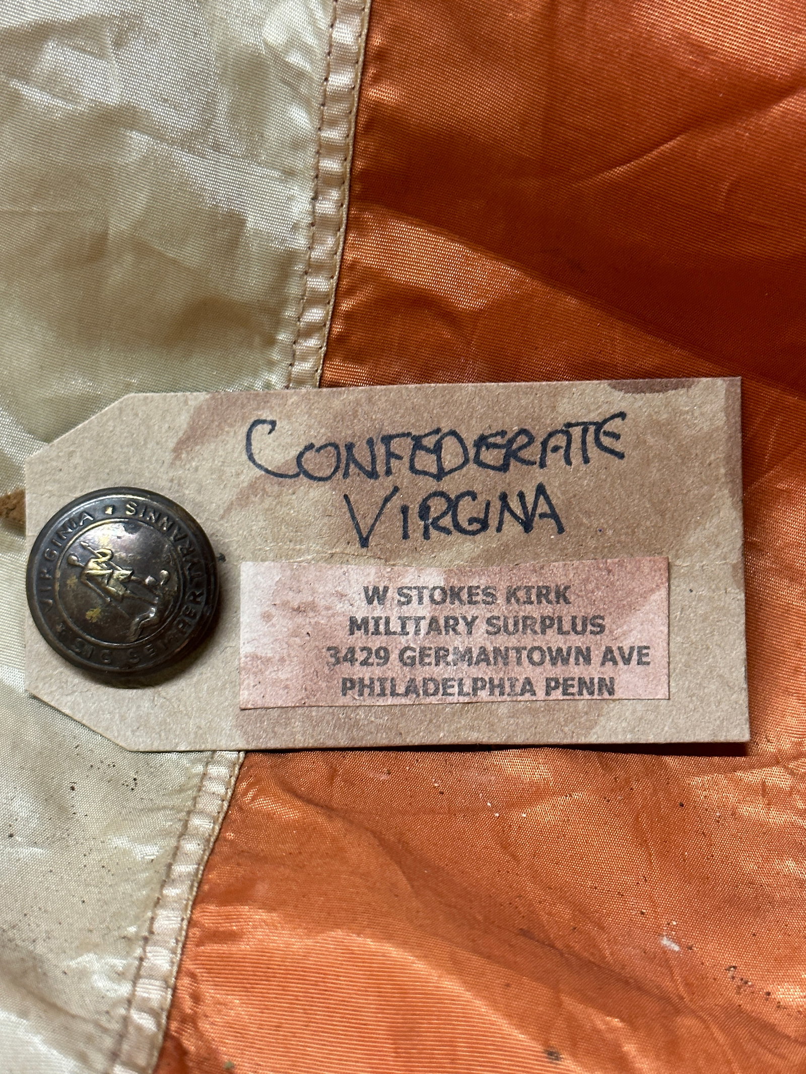 SCARCE CIVIL WAR CONFEDERATE VIRGINIA BUTTON BY W. STOKES KIRK: SCARCE CIVIL WAR CONFEDERATE VIRGINIA BUTTON BY W. STOKES KIRK. STILL HAS THE ORIGINAL MAKER MARK TAG ON IT. SHOWS GOOD WEAR AND USE. A GREAT FIND AND AN EXCELLENT ADDITION TO YOUR COLLECTION. A RARE 