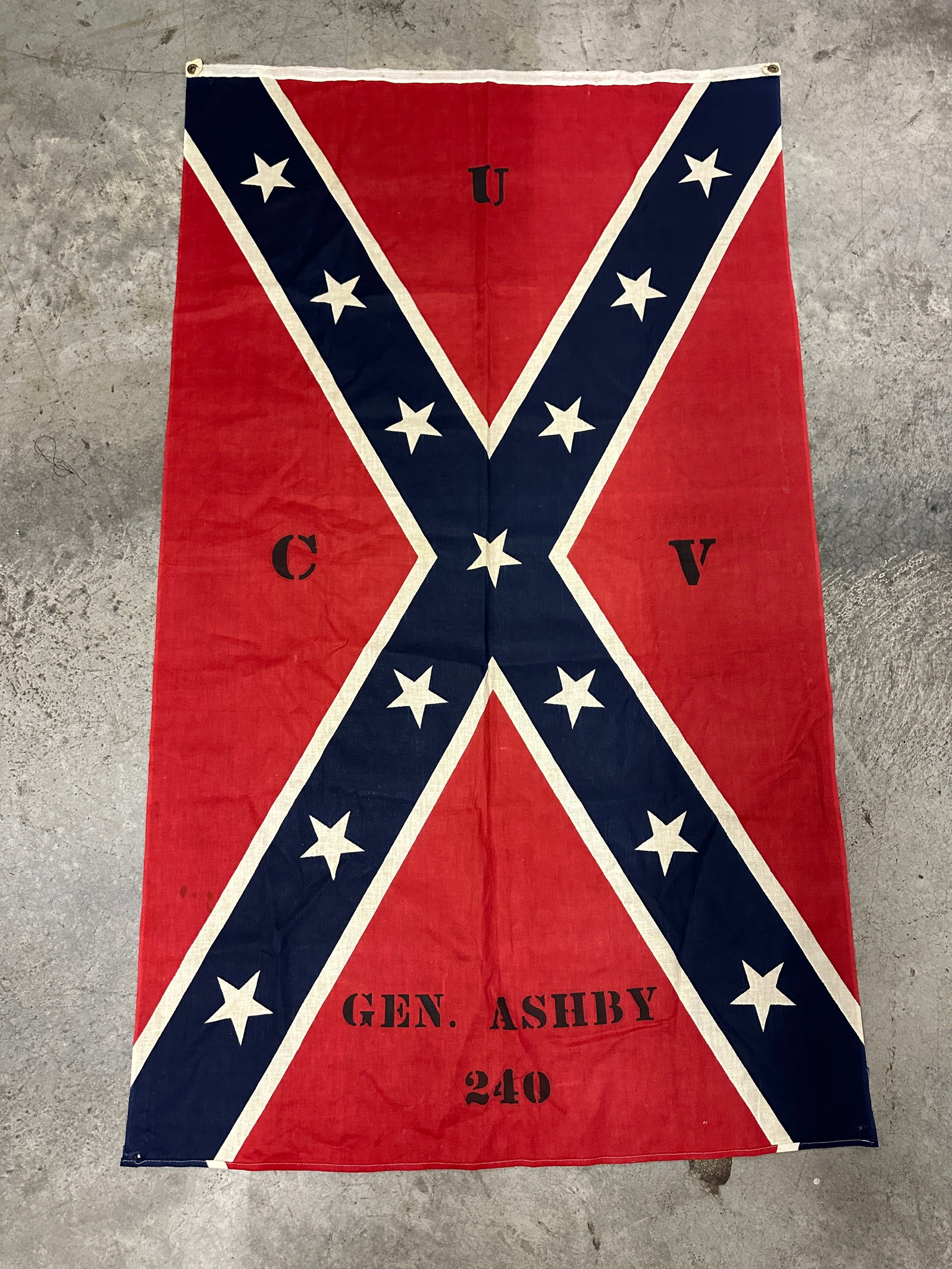 VERY RARE CIVIL WAR CONFEDERATE UCV GENERAL ASHBY 240 FLAG: VERY RARE CIVIL WAR CONFEDERATE UCV GENERAL ASHBY 240 FLAG. AN ULTRA RARE FIND THAT IS IN MINT OVERALL SHAPE AND CONDITION WITH A BEAUTIFUL OVERALL PATINA. SHOWS GOOD WEAR AND USE. FROM GENERAL ASBY'S