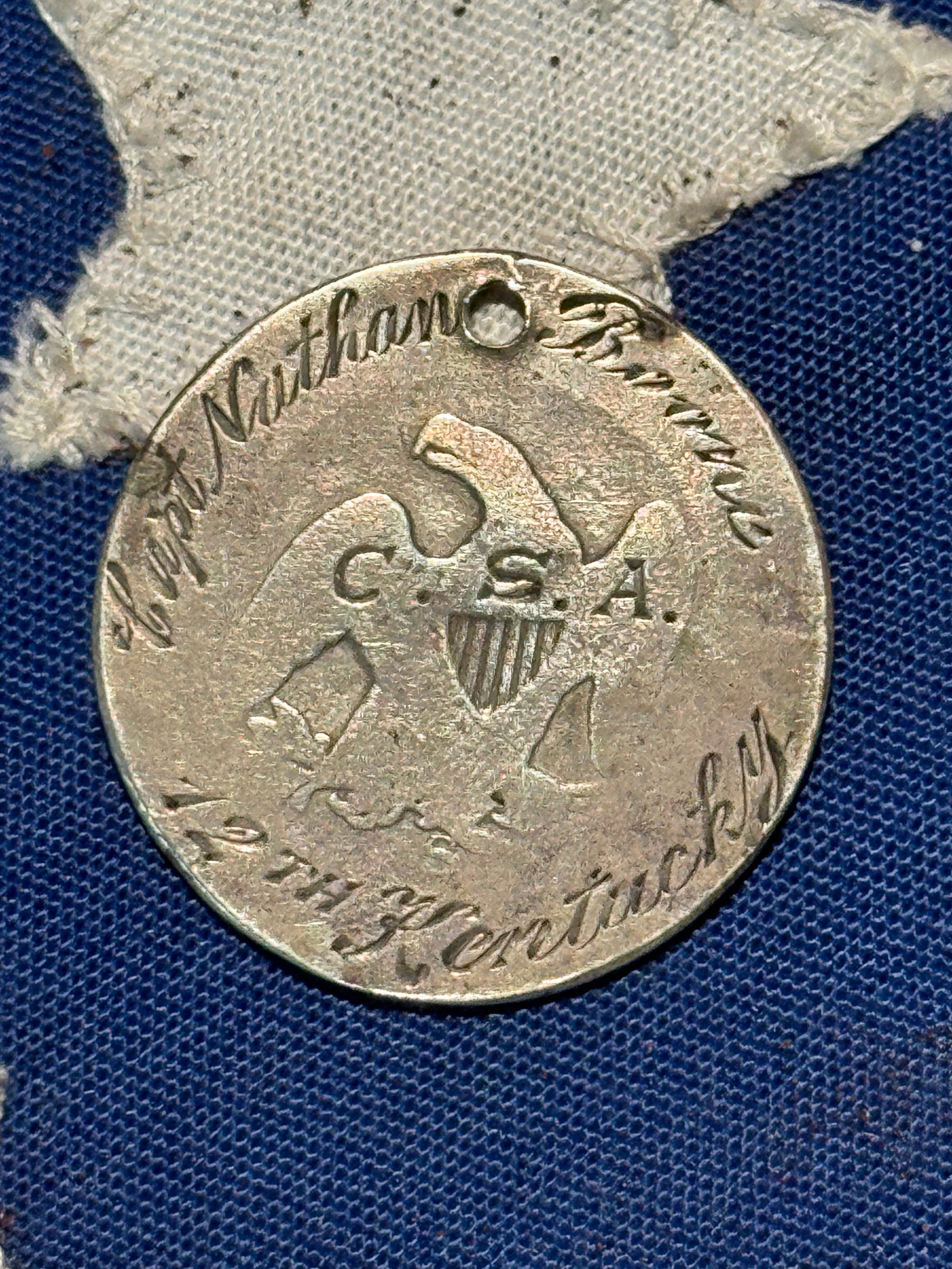 RARE CIVIL WAR CONFEDERATE CSA DOG TAD ID'D TO NATHAN BOONE 12TH KENTUCKY: RARE CIVIL WAR CONFEDERATE CSA DOG TAD ID'D TO NATHAN BOONE 12TH KENTUCKY. AN ULTRA RARE FIND. IT IS IN MINT OVERALL SHAPE AND CONDITION WITH A BEAUTIFUL OVERALL PATINA. SHOWS GOOD WEAR AND USE WITH A