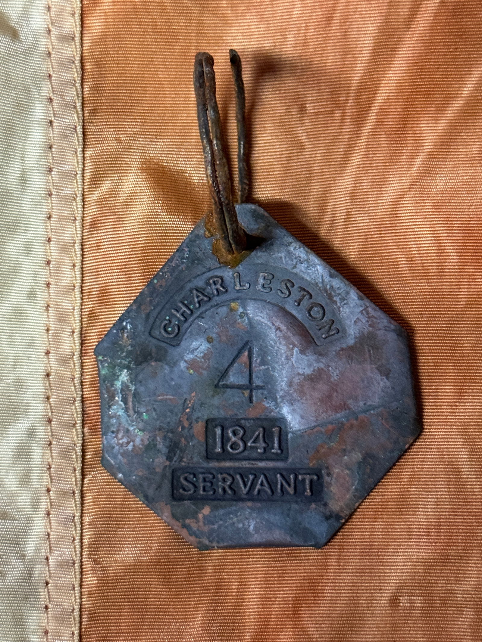 DATED 1841 CHARLESTON SOUTH CAROLINA #4 SLAVE SERVANT TAG: DATED 1841 CHARLESTON SOUTH CAROLINA #4 SLAVE SERVANT TAG. A RARE FIND. IT IS IN MINT OVERALL SHAPE AND CONDITION WITH A BEAUTIFUL PATINA THROUGHOUT. HAS A DUG LIKE PATINA THROUGHOUT. SHOWS GOOD WEAR