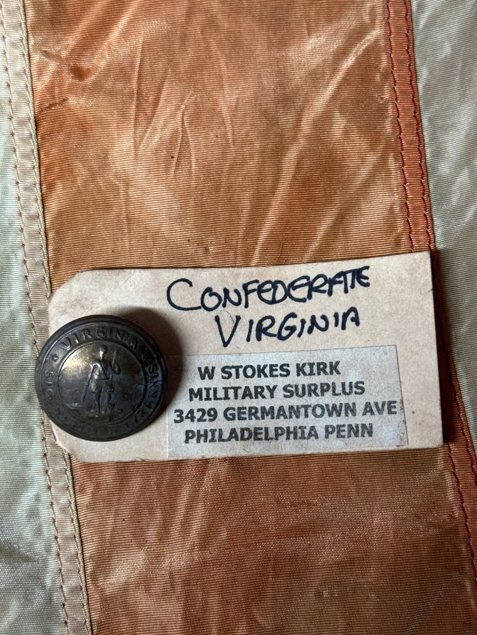 RARE CIVIL WAR CONFEDERATE VIRGINIA BUTTON BY W. STOKES KIRK: RARE CIVIL WAR CONFEDERATE VIRGINIA BUTTON BY W. STOKES KIRK. A RARE FIND. IT IS IN MINT OVERALL SHAPE AND CONDITION WITH A BEAUTIFUL OVERALL PATINA. SHOWS GOOD WEAR AND USE. PLEASE VIEW ALL DETAILED 