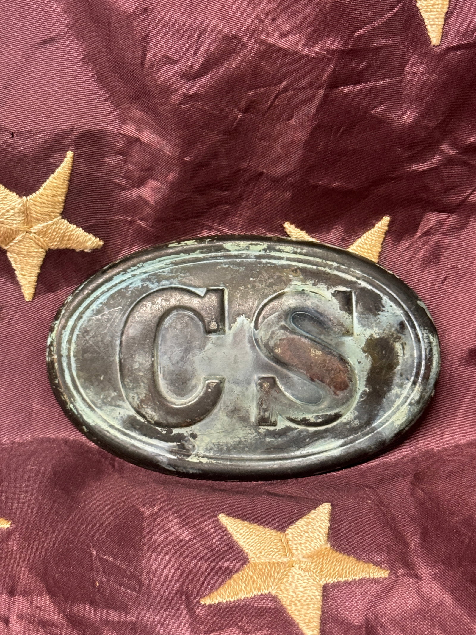 RARE CIVIL WAR CONFEDERATE C.S. CARTRIDGE BOX PLATE: RARE CIVIL WAR CONFEDERATE C.S. CARTRIDGE BOX PLATE. A RARE FIND. IT IS IN MINT OVERALL SHAPE AND CONDITION WITH A GREENISH BROWN PATINA. THIS BUCKLE IS SURE TO IMPRESS YOUR BELOVED CIVIL WAR COLLECTI
