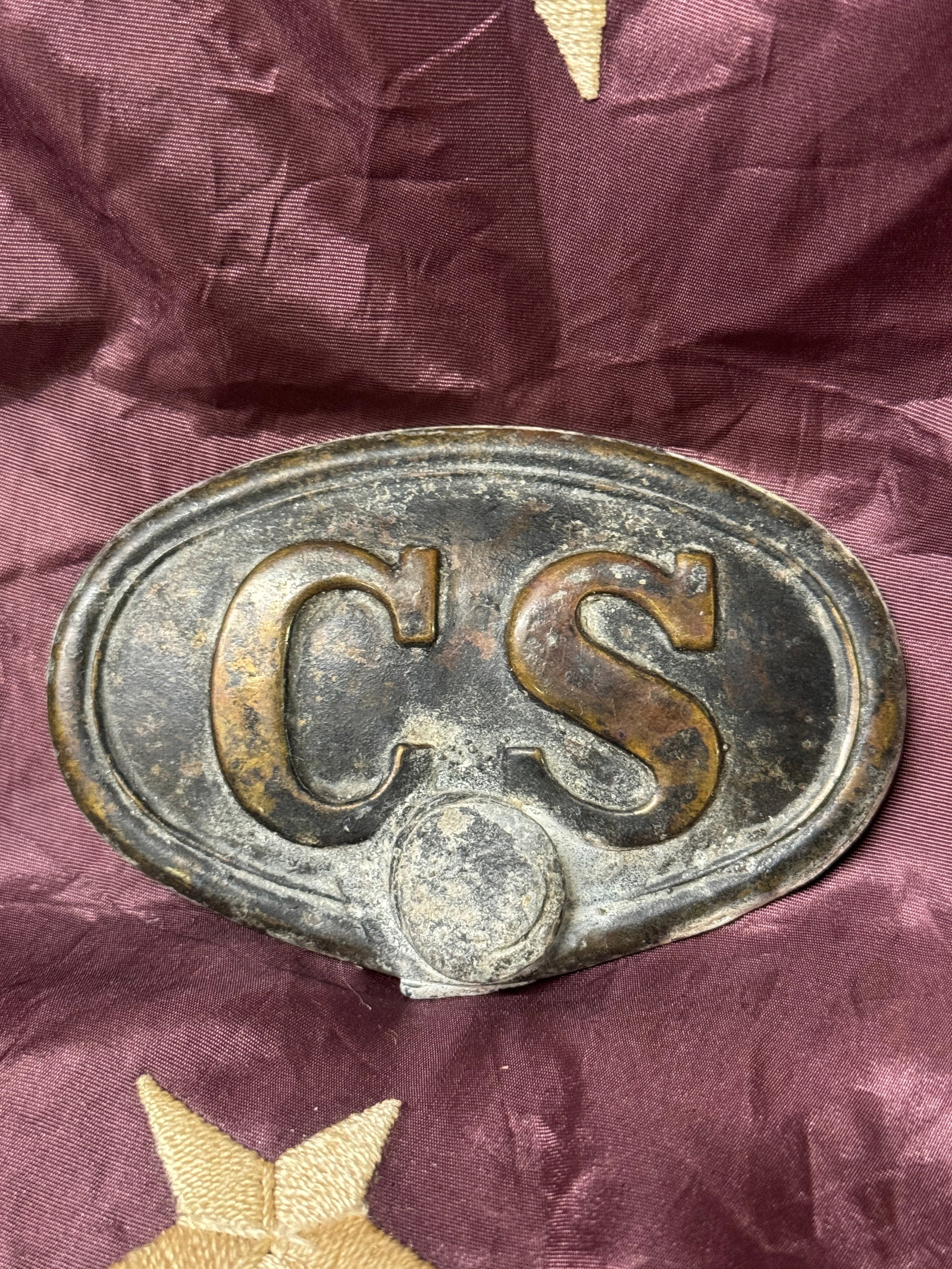 BULLET STRUCK CIVIL WAR CONFEDERATE C.S. BELT BUCKLE: BULLET STRUCK CIVIL WAR CONFEDERATE C.S. BELT BUCKLE. ALSO CALLED THE MIRACLE BUCKLE THAT IS IN EXCEPTIONAL SHAPE AND CONDITION WITH A BEAUTIFUL PATINA THROUGHOUT. COMES FROM A COLLECTION. THESE ARE V