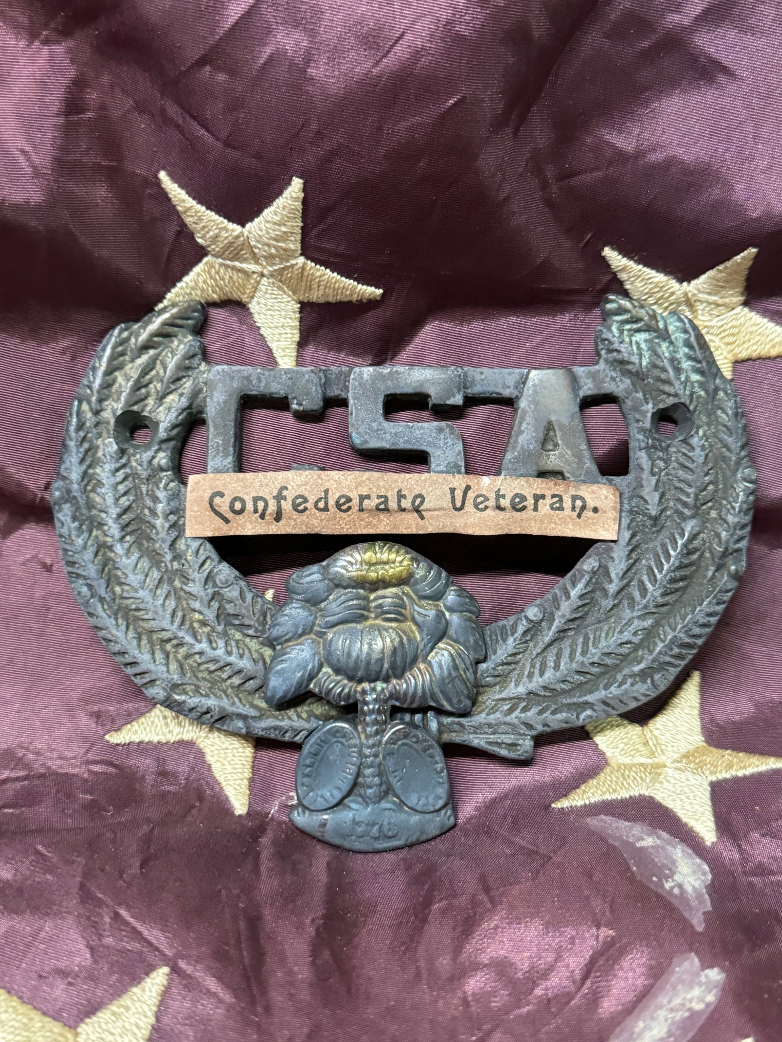RARE CIVIL WAR CONFEDERATE CSA S.C. VETERAN LARGE PLATE FROM AIKEN, S.C. - UCV CAMP: RARE CIVIL WAR CONFEDERATE CSA S.C. VETERAN LARGE PLATE FROM AIKEN, S.C. - UCV CAMP. WAS MOST PROBABLY USED AS A DOOR TAG/PLATE. SHOWS GOOD WEAR AND USE WITH A BEAUTIFUL PATINA THROUGHOUT. PLEASE VIEW