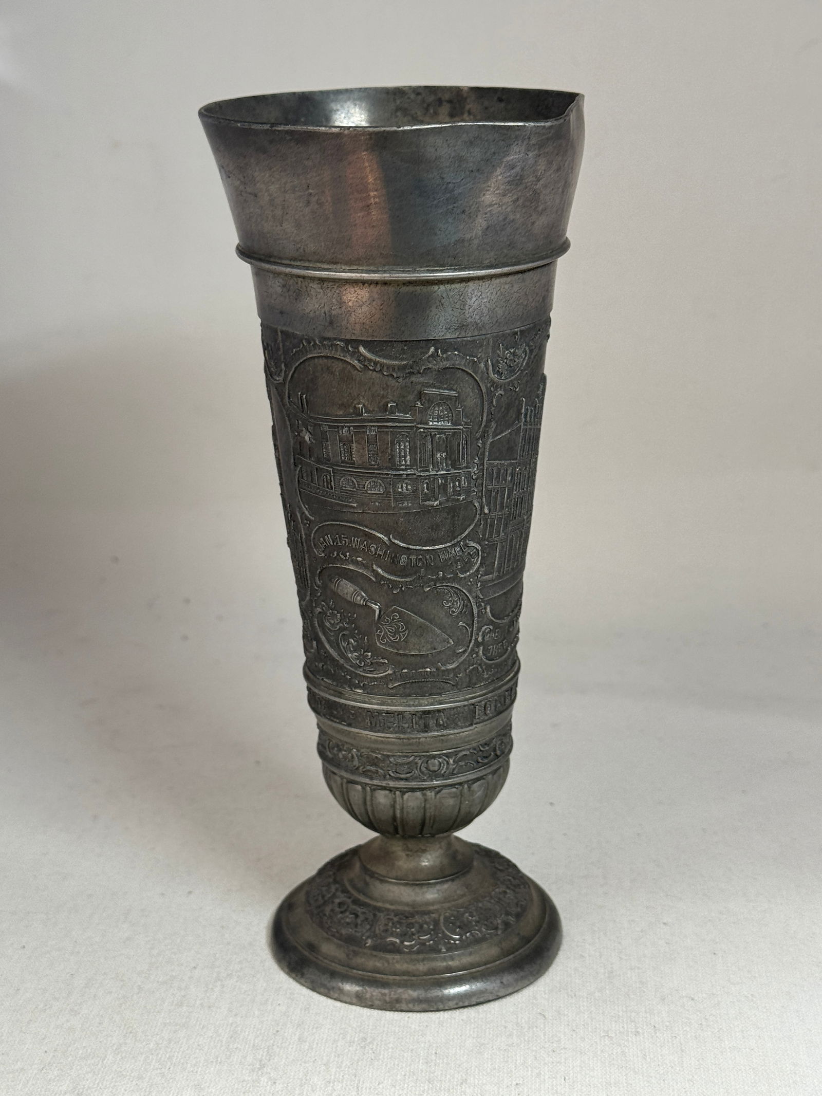 1855-1905 MASONIC PEWTER PILSNER FLUTE: 1855-1905 MASONIC PEWTER PILSNER FLUTE. A VERY RARE FIND. IT IS IN MINT OVERALL SHAPE AND CONDITION. HAS A GREAT LOOK TO IT WITH AN EXCELLENT OVERALL EYE APPEAL. A GREAT FIND AND AN EXCELLENT ADDITION