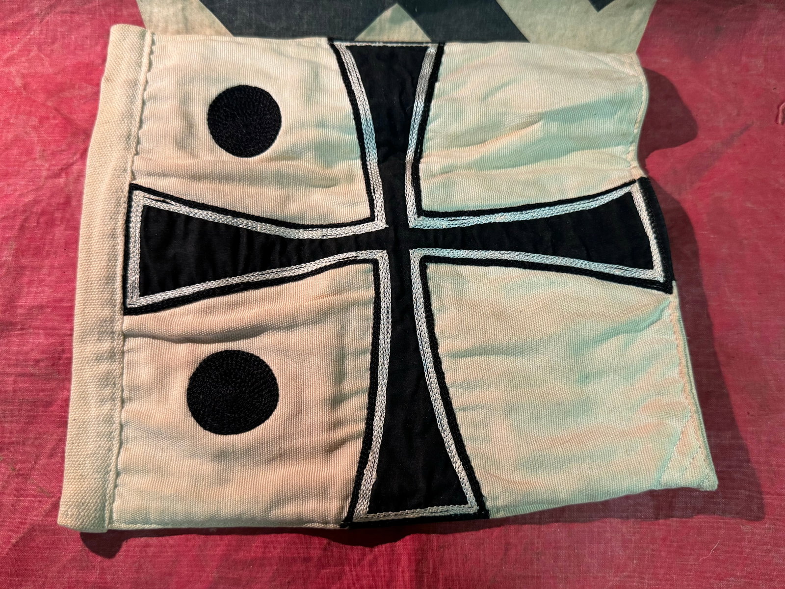 German WWII Kriegsmarine Vice Admiral Flag: German WWII Kriegsmarine Vice Admiral Flag. his is a German World War Two admiral's flag with a black ball in the upper hoist. This design was in use as early as 1867 and has continued in use until to