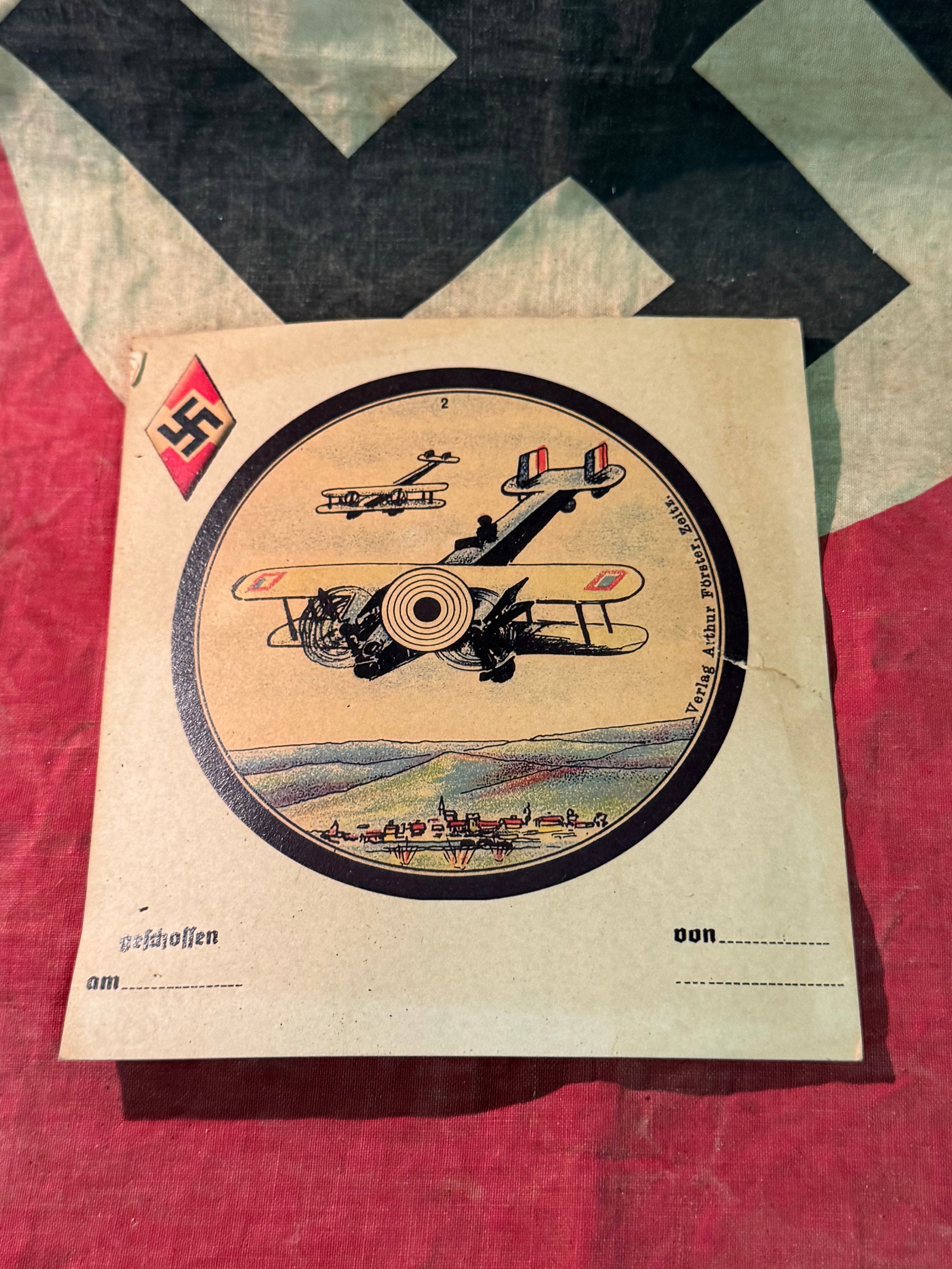 WW2 German Hitler Youth Pistol Plane Target Arthur Forster Zeitz: Rare WW2 German Shooting target usedby the Hitler youth, Volkssturm, and the Deutsche Jungvolk. These targets were used for rifle and pistol target shooting. Unused & unissued in good condition. This 