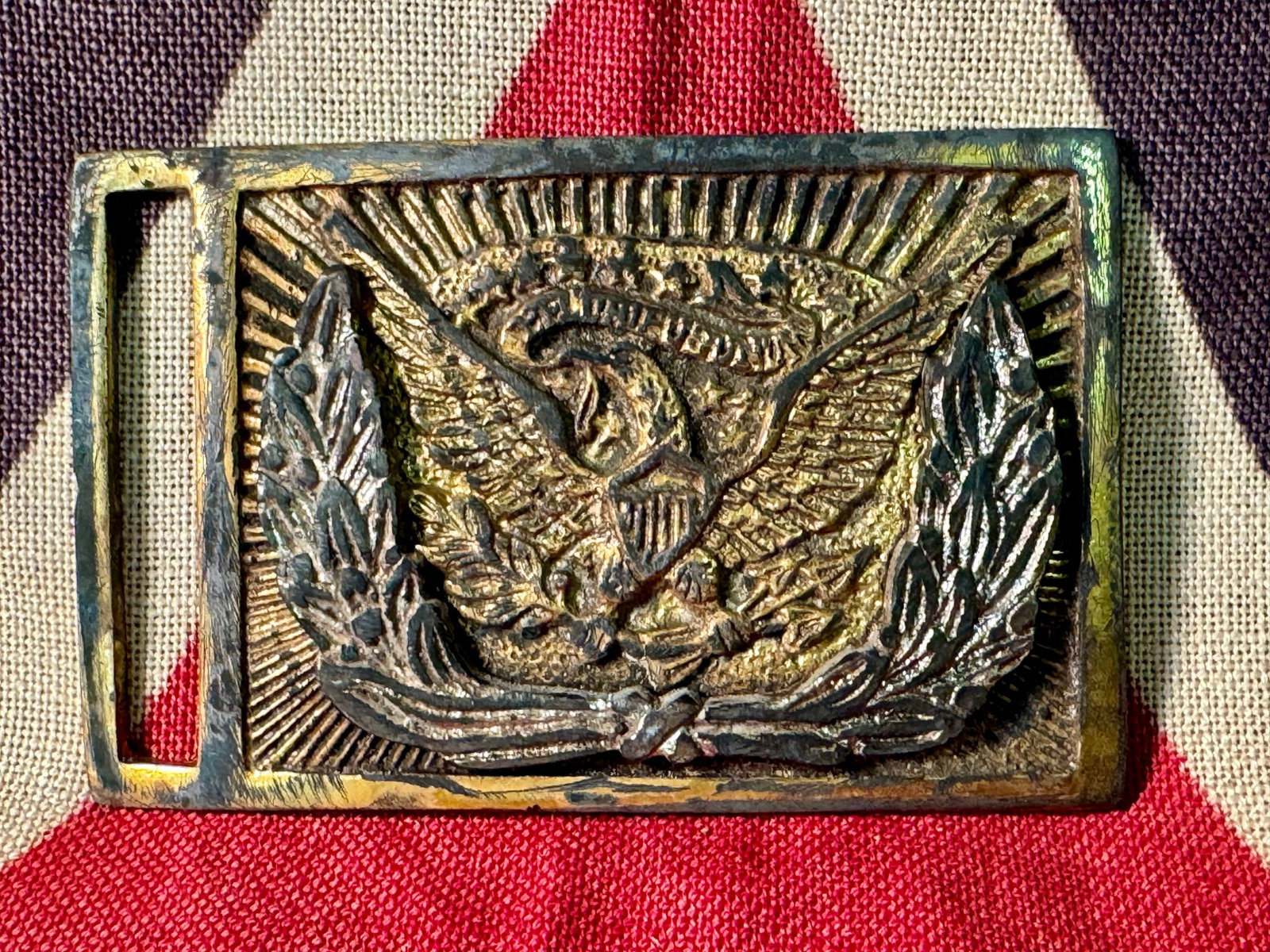 M1858 CIVIL WAR UNION OFFICER BELT BUCKLE: M1858 CIVIL WAR UNION OFFICER BELT BUCKLE. A VERY RARE FIND. IT IS IN MINT OVERALL SHAPE AND CONDITION WITH A BEAUTIFUL OVERALL PATINA. SHOWS GOOD WEAR AND USE. A GREAT FIND AND AN EXCELLENT ADDITION 