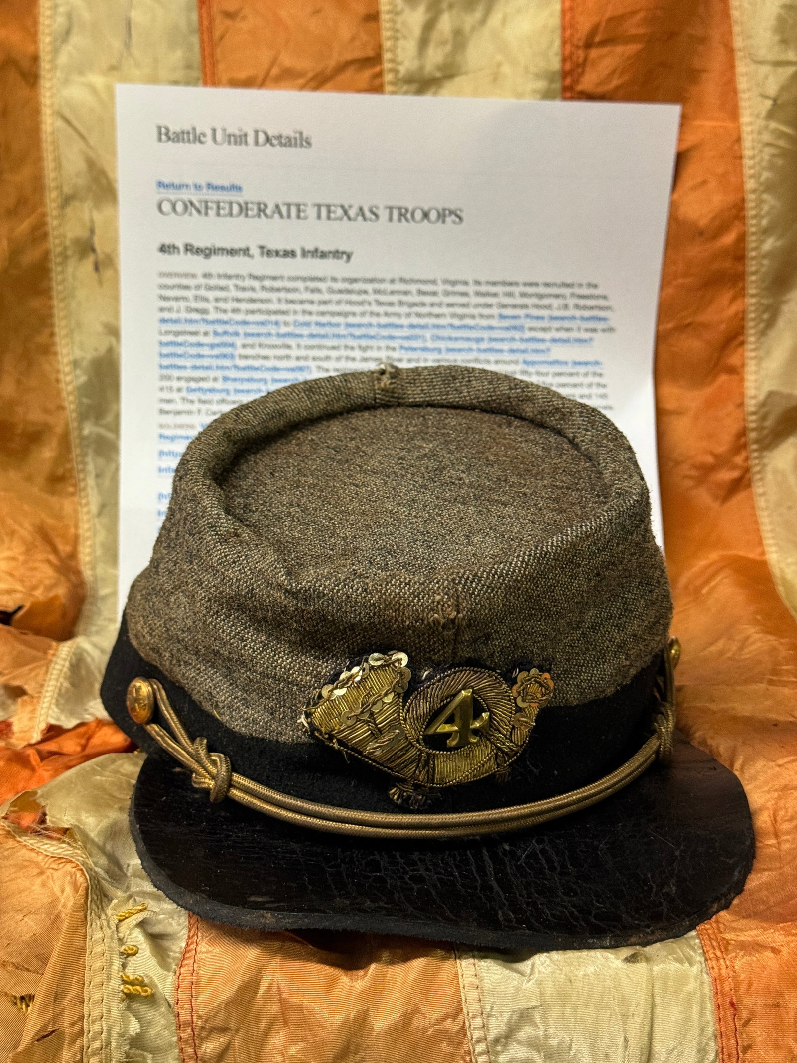 CONFEDERATE CIVIL WAR CSA 4TH TEXAS INFANTRY OFFICER KEPI HAT CAP WITH TX BUTTONS: This is a stunning Confederate CSA Civil War 4th Texas Infantry Officer Kepi Hat Cap, featuring Texas star buttons. The hat has a beautiful design that perfectly captures the essence of the Civil War 