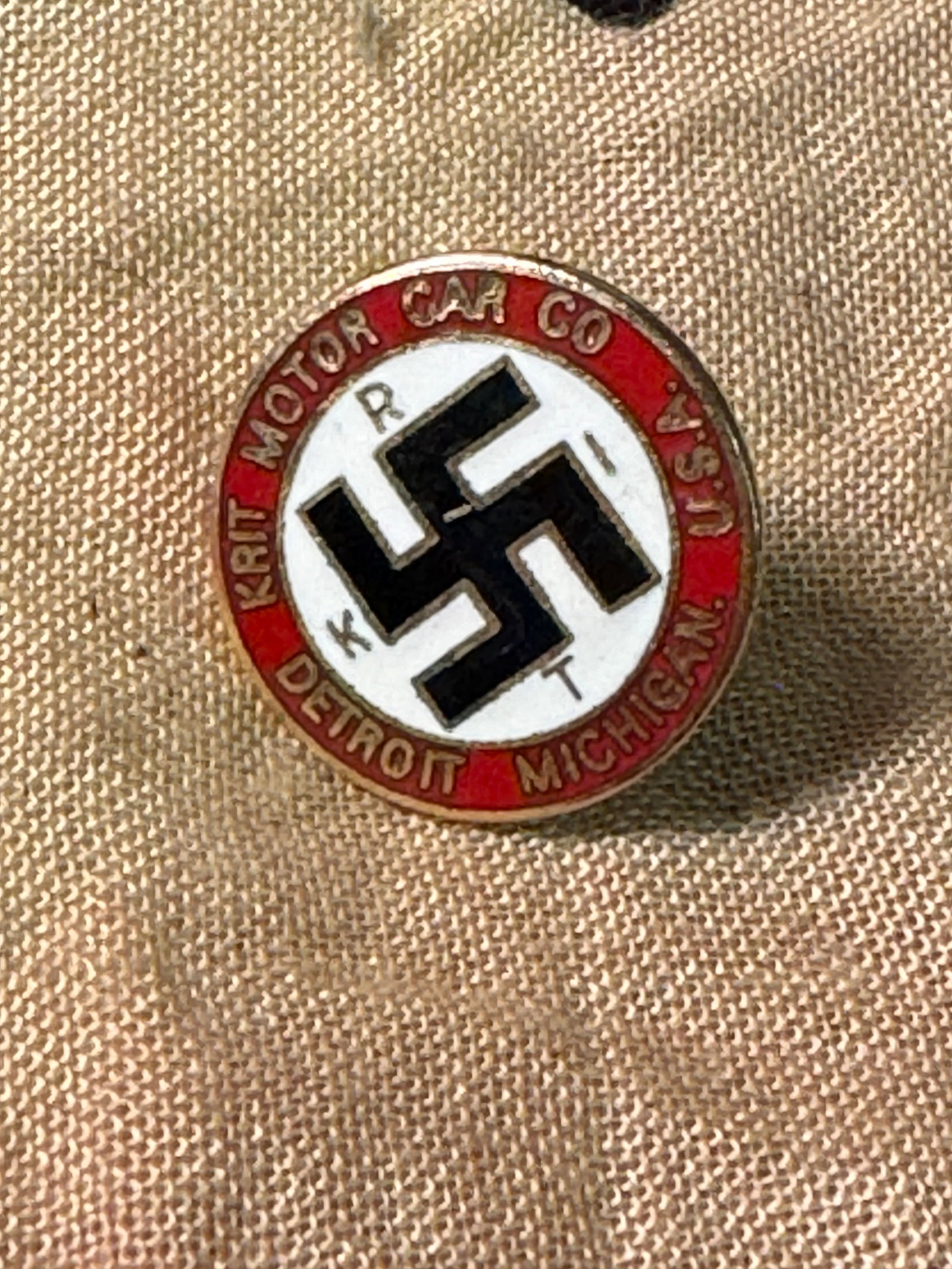 RARE WW2 GERMAN KRIT MOTOR CAR CO. LAPEL ENAMELED TIE PIN: RARE WW2 GERMAN KRIT MOTOR CAR CO. LAPEL ENAMELED TIE PIN. Shows good wear and use with a beautiful patina throughout. Please view all detailed pictures. A well made antique German artifact.