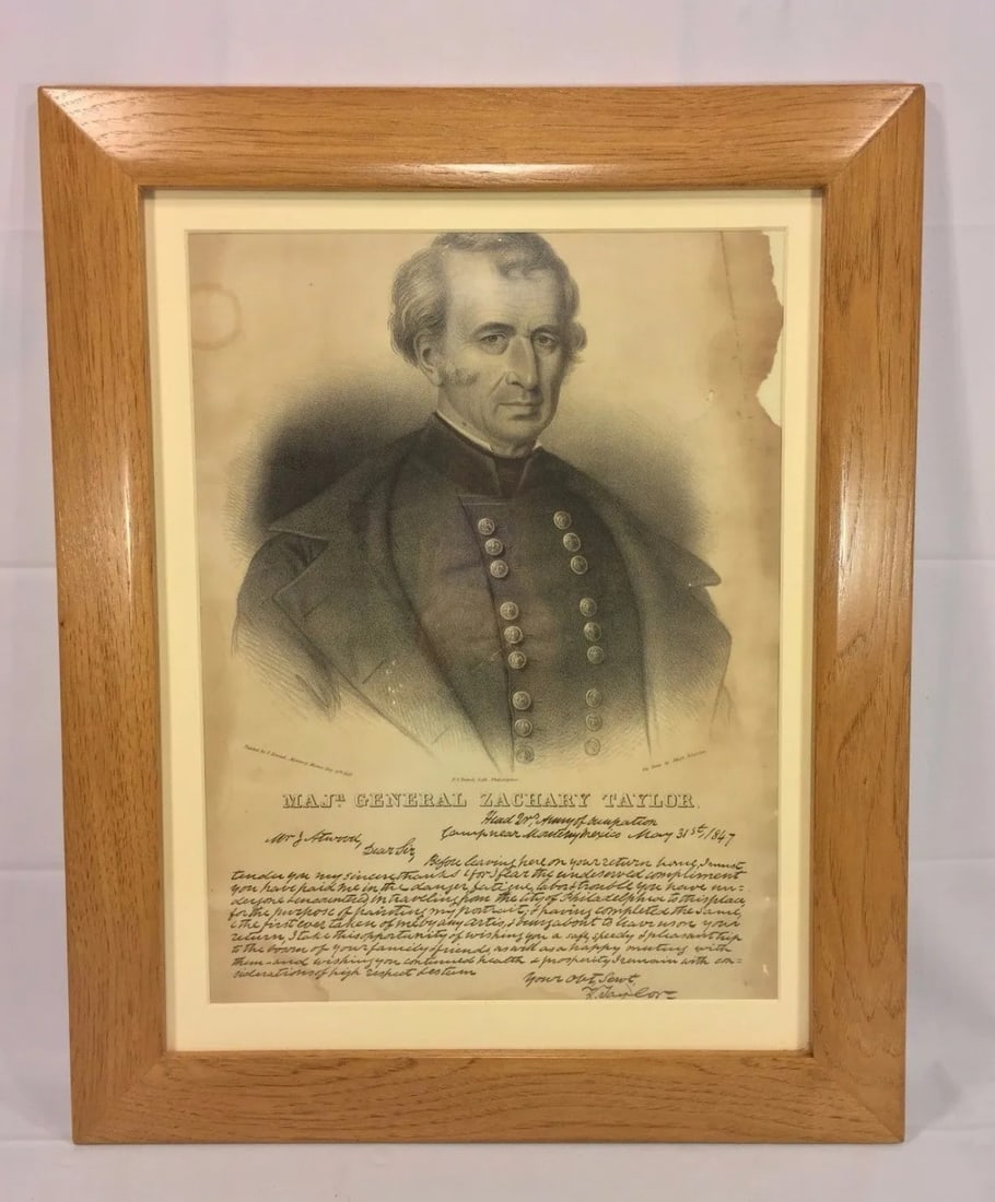 1847 STONE LITHOGRAPH OF MAJOR GENERAL ZACHARY TAYLOR WITH LETTER: ANTIQUE STONE LITHOGRAPH OF MAJOR GENERAL ZACHARY TAYLOR WITH LETTER. LITHOGRAPH OF MAJOR GENERAL ZACHARY TAYLOR DURING THE MEXICAN AMERICAN WAR IN 1847. TAYLOR WENT ON TO BE A US PRESIDENT JUAST A FE