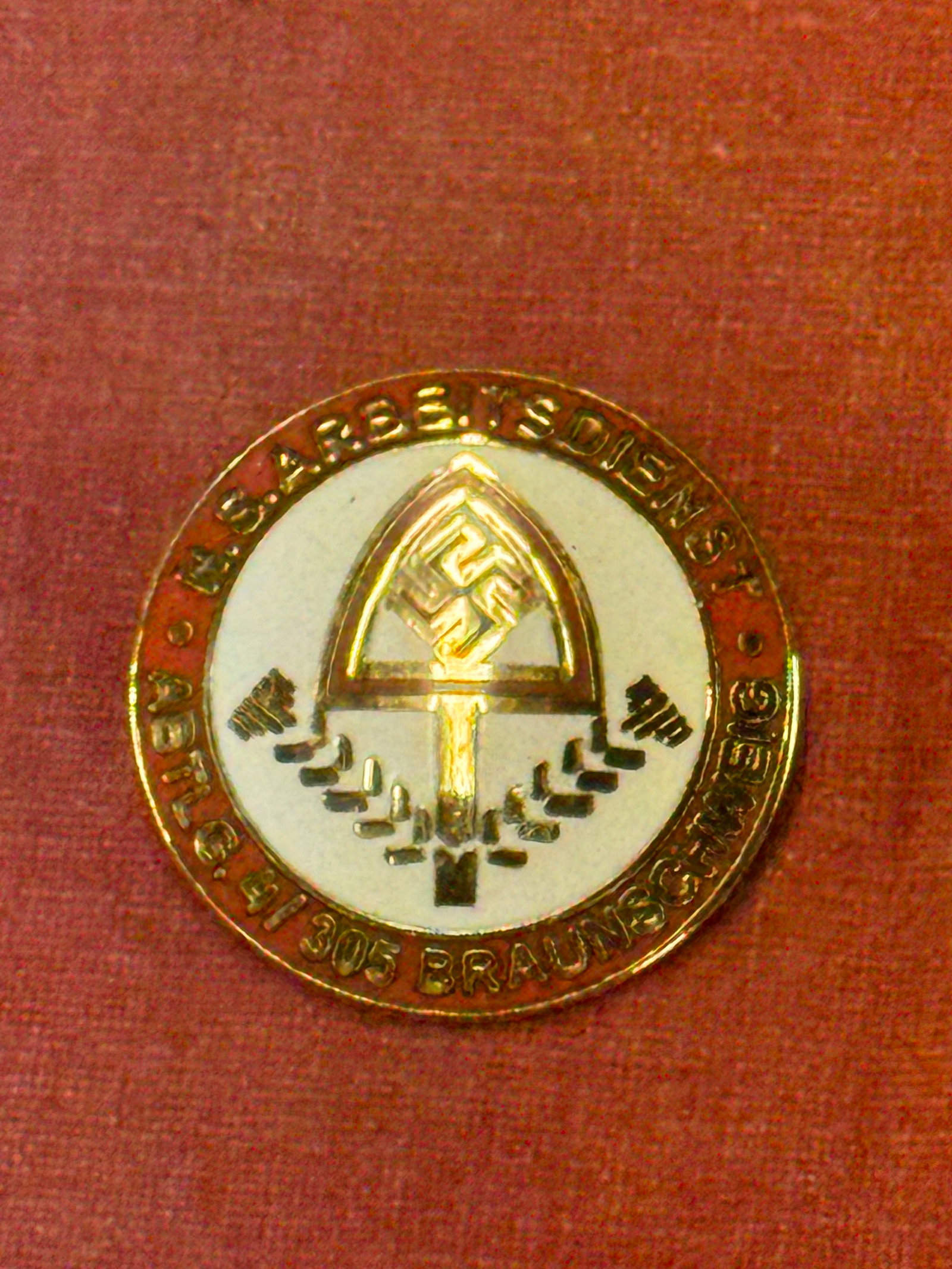 WW2 German RAD Braunschweig Enameled Lapel Pin Badge by Ges. Gesch. 37: WW2 German RAD Braunschweig Enameled Lapel Pin Badge by Ges. Gesch. 37. A scarce example. Shows good wear and use with a beautiful overall patina. Please vivew all detailed pictures. A rare example.