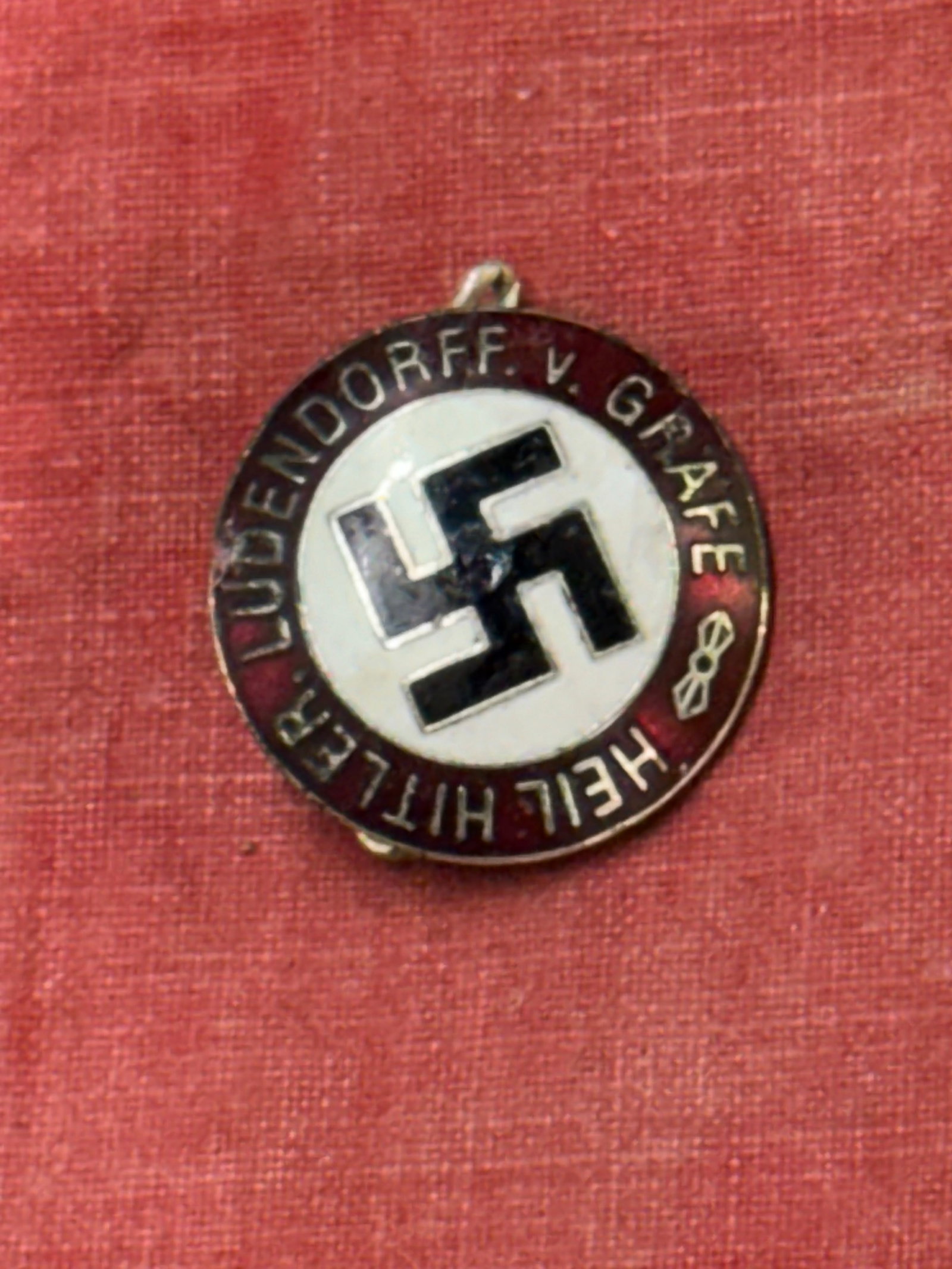 WW2 GERMAN HEIL HITLER LUDENDORFF. V. GRAFE LAPEL ENAMELED PIN BY RZM GES. GESCH.: WW2 GERMAN HEIL HITLER LUDENDORFF. V. GRAFE LAPEL ENAMELED PIN BY RZM GES. GESCH. SHOWS GOOD WEAR AND USE WITH A BEAUTIFUL OVERALL PATINA. PLEASE VIEW ALL DETAILED PICTURES. A SCARCE EXAMPLE.