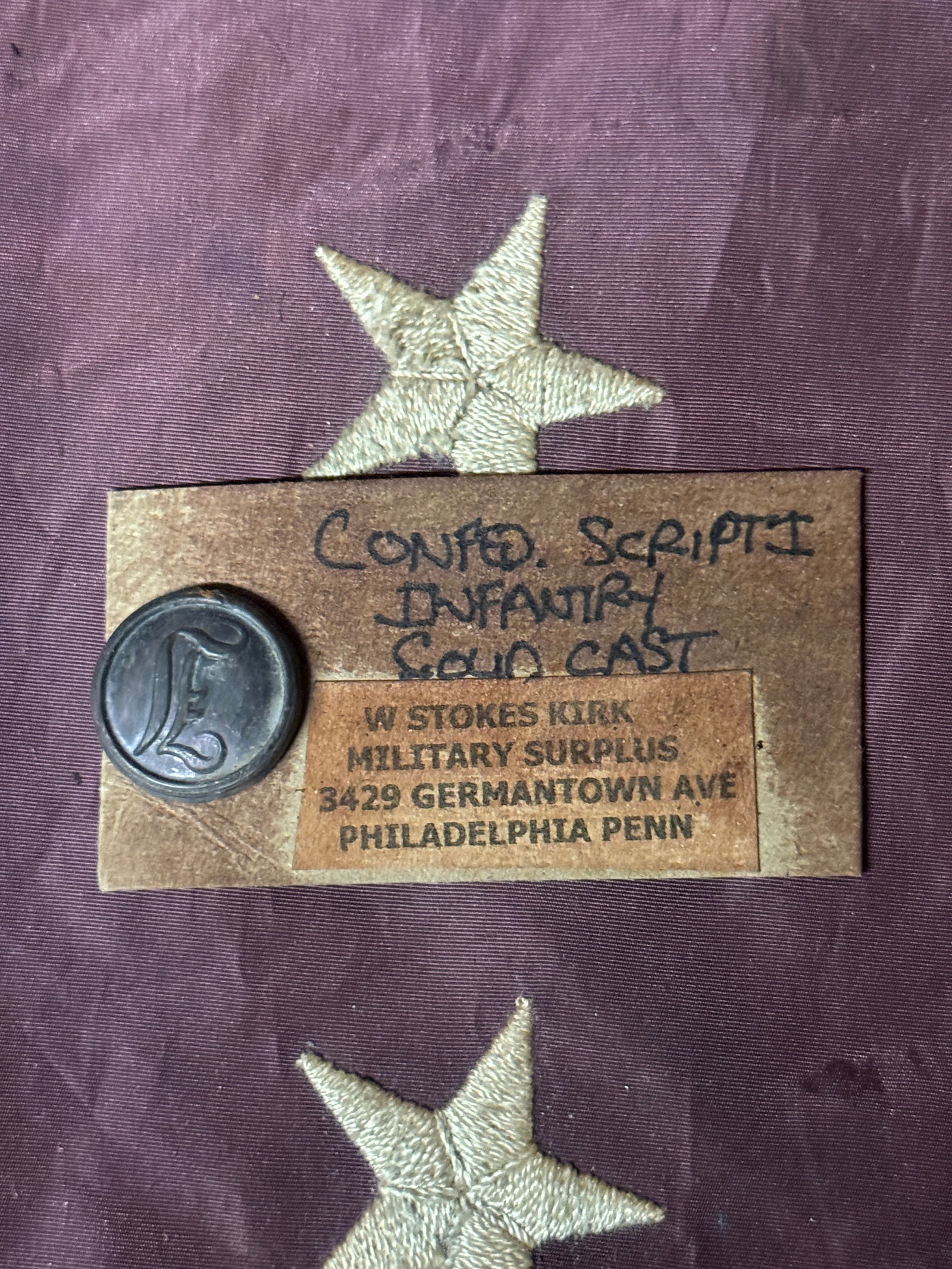 RARE CIVIL WAR CONFEDERATE SCRIPT "I" INFANTRY SOLID CAST BUTTON BY W. STOKES KIRK: RARE CIVIL WAR CONFEDERATE SCRIPT "I" INFANTRY SOLID CAST BUTTON BY W. STOKES KIRK. A RARE FIND. SHOWS GOOD WEAR AND USE WITH A BEAUTIFUL OVERALL PATINA. LOOKS ABSOLUTELY STUNNING.