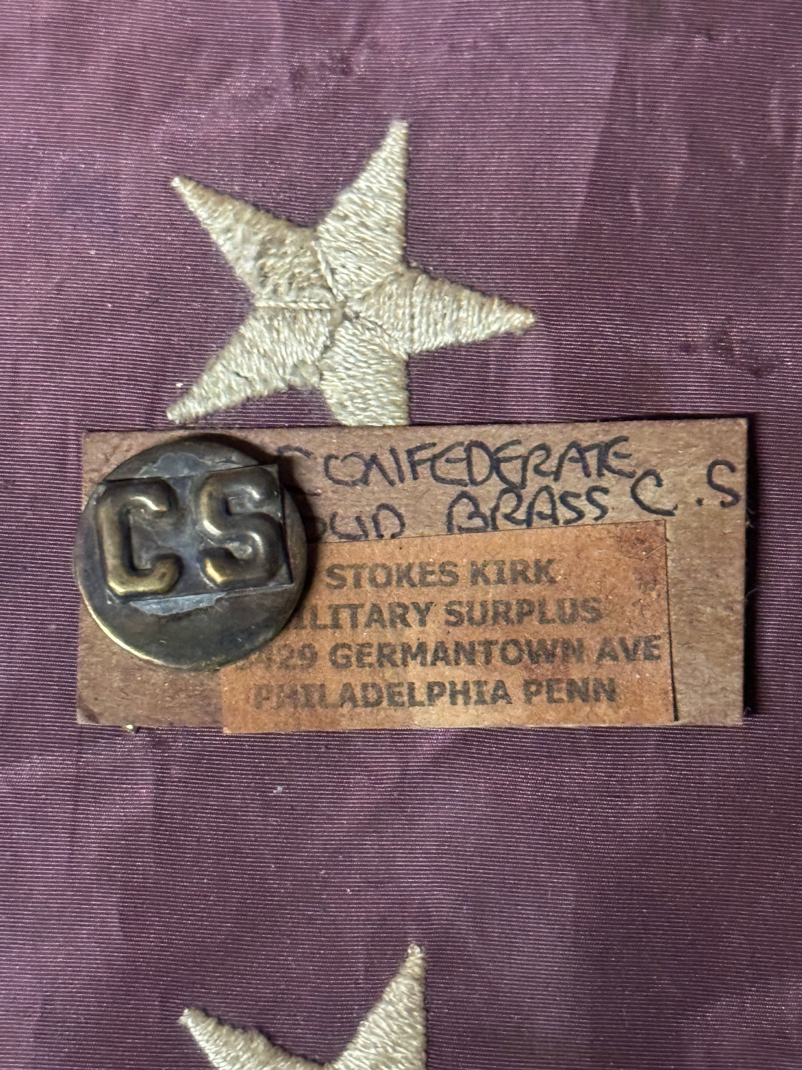CIVIL WAR CONFEDERATE SOLID BRASS C.S. BUTTON BY W. STOKES KIRK: CIVIL WAR CONFEDERATE SOLID BRASS C.S. BUTTON BY W. STOKES KIRK. A RARE EXAMPLE. SHOWS GOOD WEAR AND USE WITH A BEAUTIFUL OVERALL PATINA. HAS A GREAT LOOK TO IT WITH AN EXCELLENT OVERALL EYE APPEAL. A