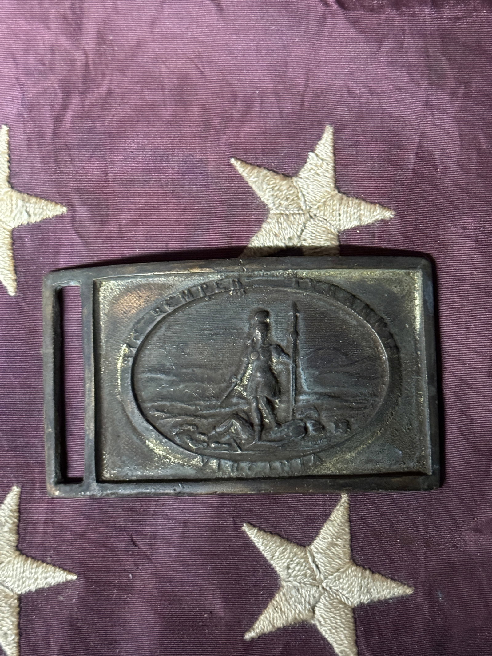 CIVIL WAR CONFEDERATE VIRGINIA SWORD PLATE WITH PROVENANCE TAG FROM GETTYSBURG: CIVIL WAR CONFEDERATE VIRGINIA SWORD PLATE WITH PROVENANCE TAG FROM GETTYSBURG. AN ULTRA RARE FIND. SHOWS GOOD WEAR AND USE WITH A BEAUTIFUL OVERALL PATINA. HAS A GREAT LOOK TO IT WITH AN EXCELLENT OV
