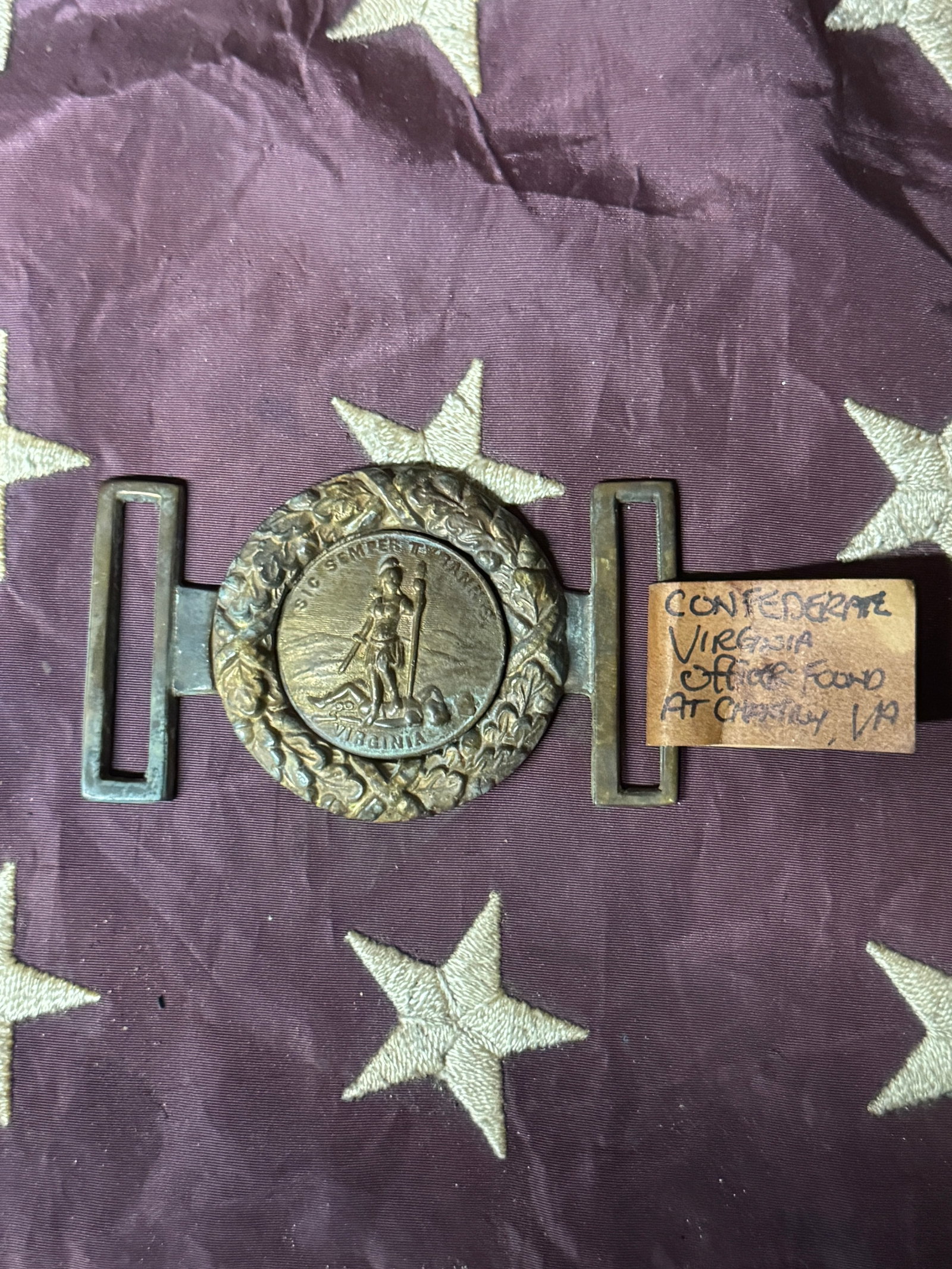 CIVIL WAR CONFEDERATE VIRGINA OFFICER BELT BUCKLE FOUND AT CHANTILY, VA: CIVIL WAR CONFEDERATE VIRGINA OFFICER BELT BUCKLE FOUND AT CHANTILY, VA. A RARE FIND. SHOWS GOOD WEAR AND USE WITH A BEAUTIFUL OVERALL PATINA. HAS A GREAT LOOK TO IT WITH AN EXCELLENT OVERALL EYE APPE