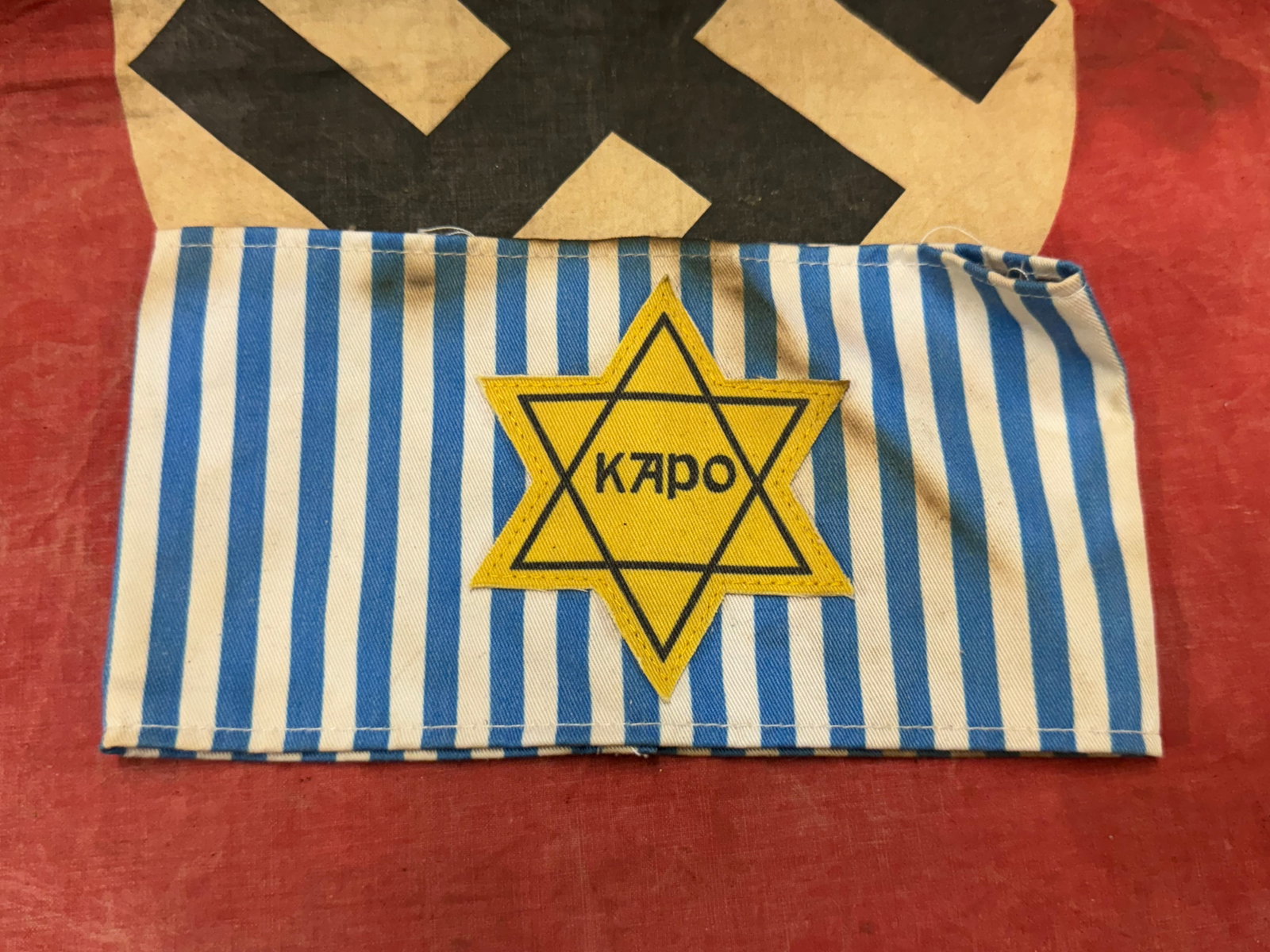 WW2 WWII NSDAP German Third Reich Jewish Ghetto Holocaust camp armband KAPO: WW2 WWII NSDAP German Third Reich Jewish Ghetto Holocaust camp armband KAPO. A VERY RARE EXAMPLE. SHOWS GOOD WEAR AND USE WITH A BEAUTIFUL OVERALL PATINA. A RARE FIND.