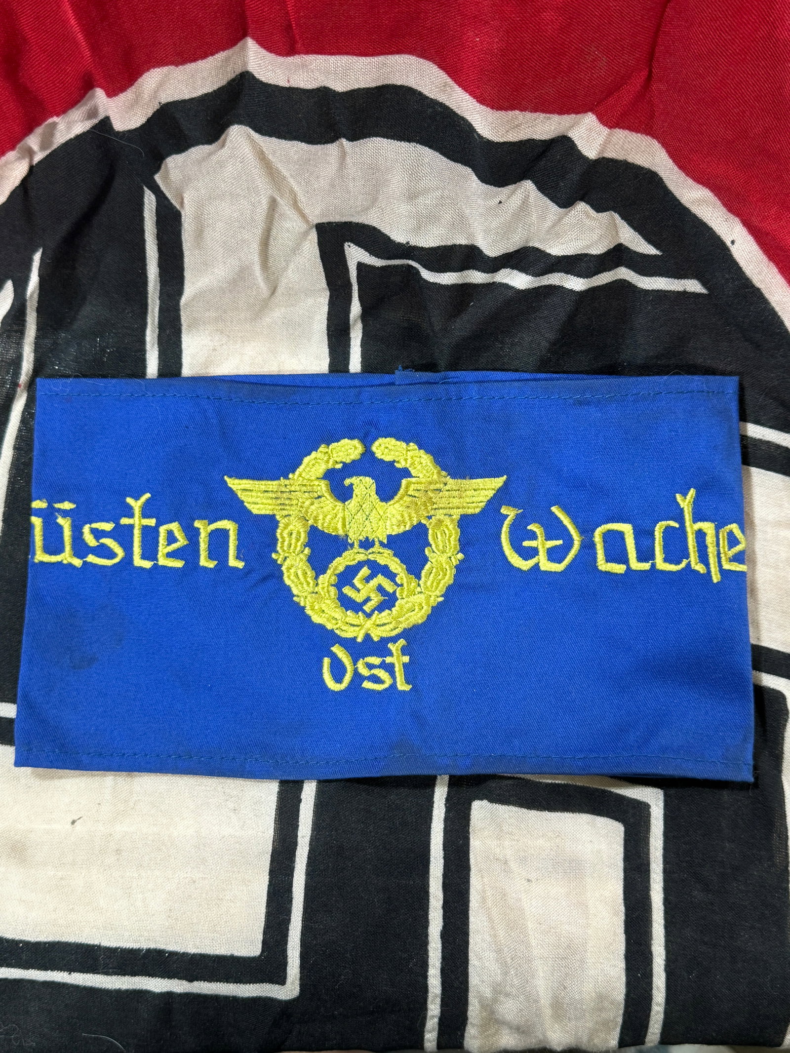 WW2 German Kusten Wache Ost – East District Coastal Watch (Danzig / Prussia) Armband By RZM: WW2 German Kusten Wache Ost – East District Coastal Watch (Danzig / Prussia) Armband By RZM. An ultra rare find. Machine embroidered on a cotton rayon base. Very well made with a beautiful overall p